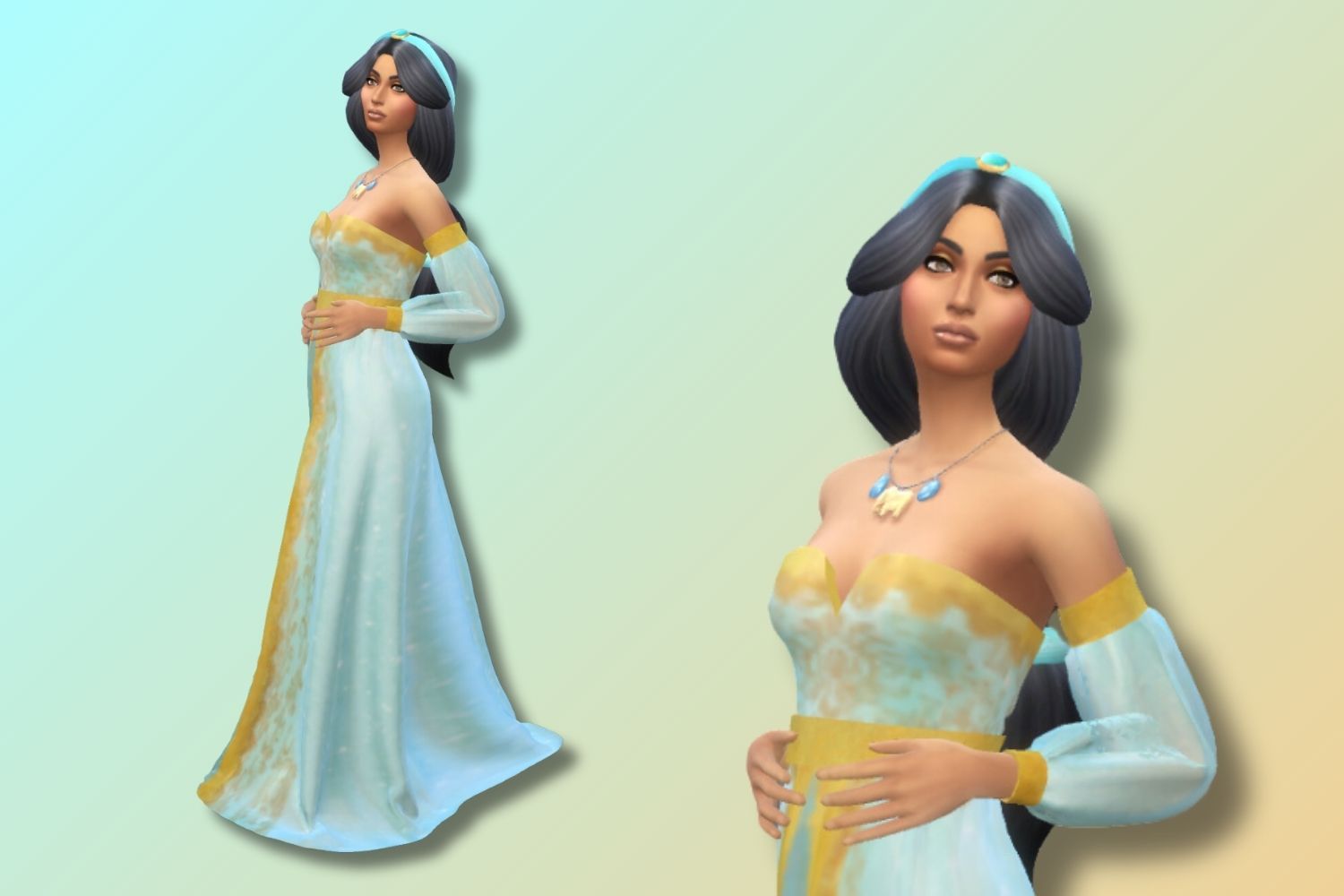 A Sim that looks like Disney's Jasmine stands against a blue and yellow background.