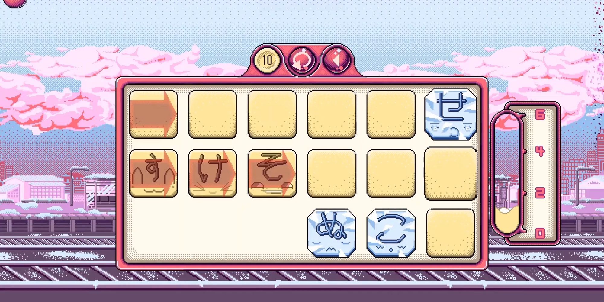 Ein Spielbildschirm mit rosa Wolken im Hintergrund, auf dem Kacheln mit japanischen Schriftzeichen zu sehen sind, die verschoben werden können.