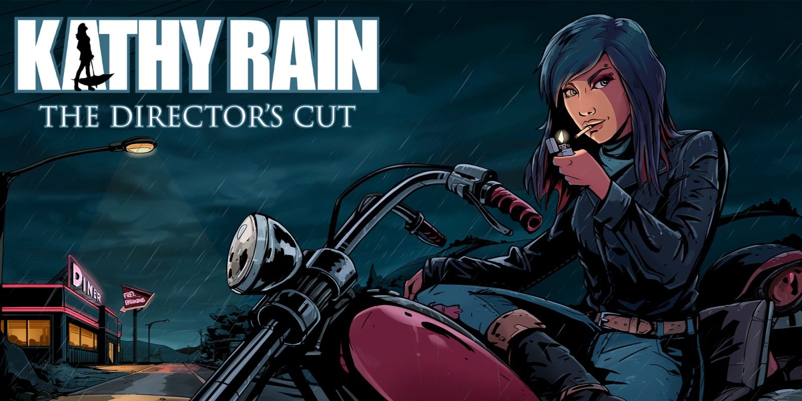 Kathy Rain lighting a cigarette on her motorcycle at night nearby a diner