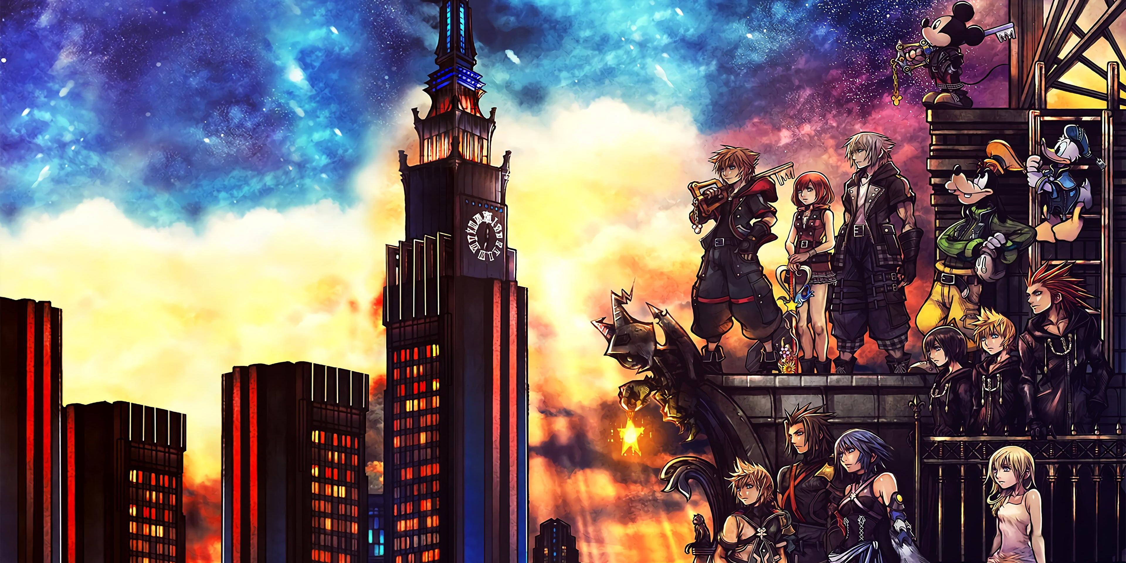 Das Cover von Kingdom Hearts 3 zeigt die Trios aus jedem Spiel inmitten einer gesättigten Skyline der Stadt
