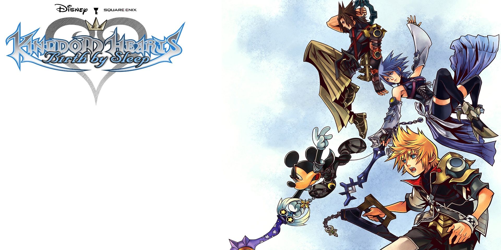 Das Cover von „Birth By Sleep“ von Kingdom Hearts zeigt Ventus, Terra und Aqua neben Mickey Mouse, die ihre Schlüsselschwerter halten
