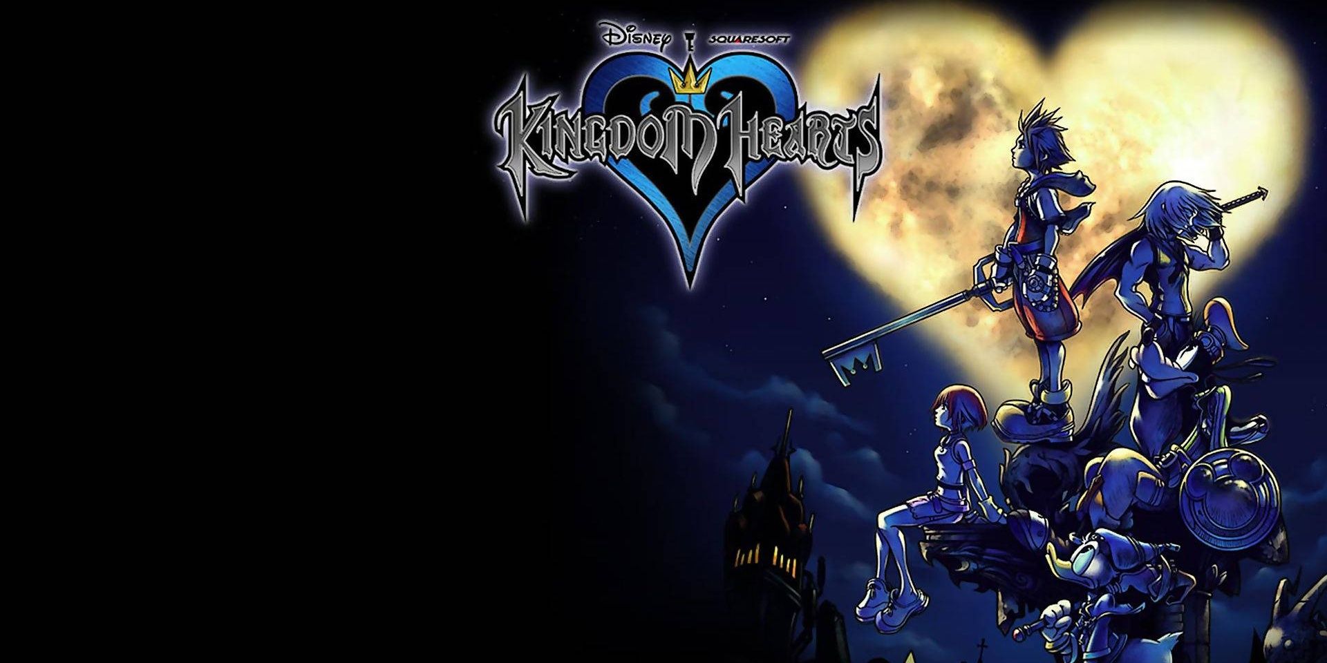 Das Cover von Kingdom Hearts zeigt Sora, Donald, Goofy, Riku und Kairi im Schein des herzförmigen Mondes