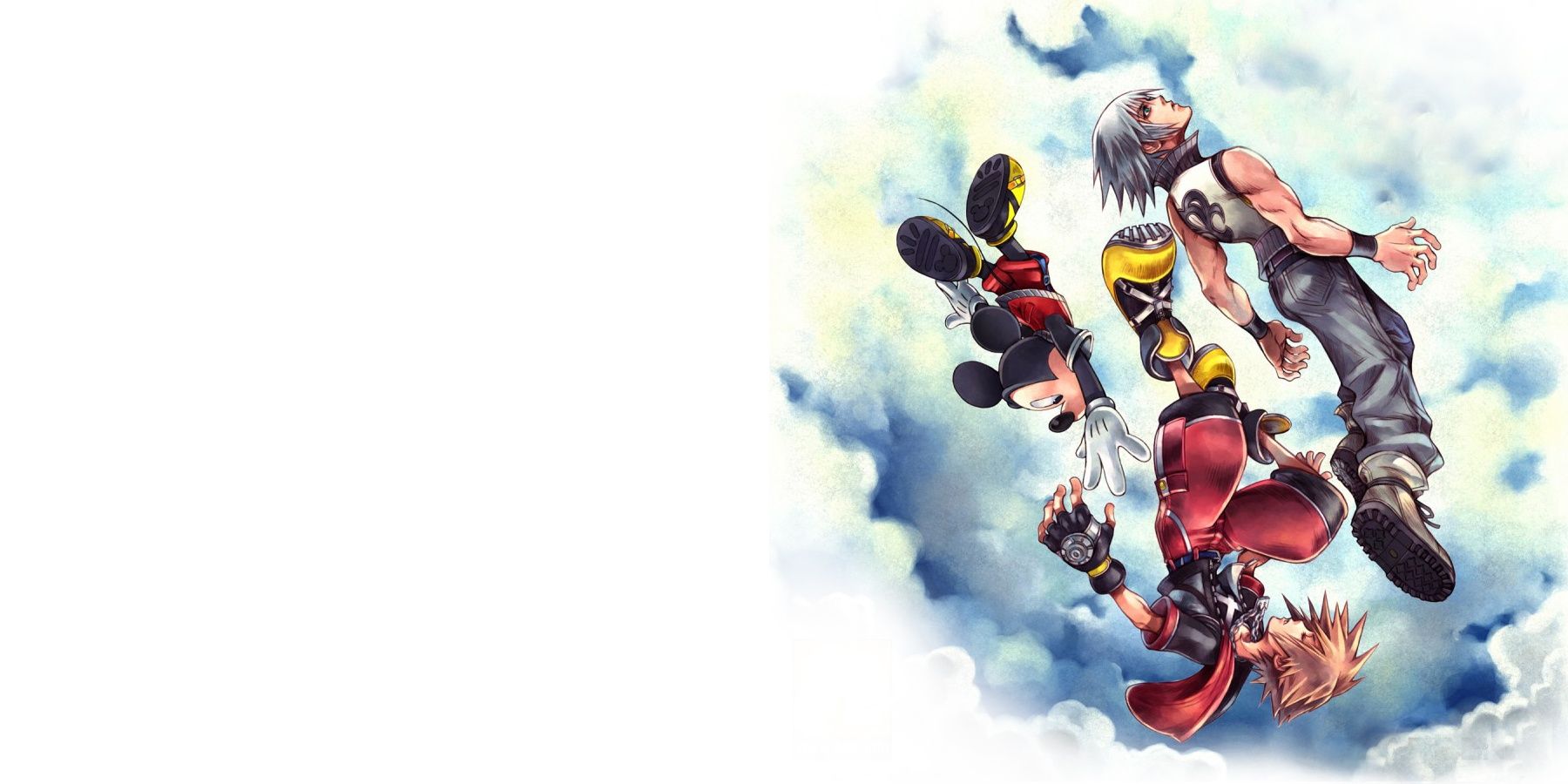 Das Cover von Kingdom Hearts Dream Drop Distance zeigt Sora, Riku und Mickey Mouse, wie sie durch Wolken fallen