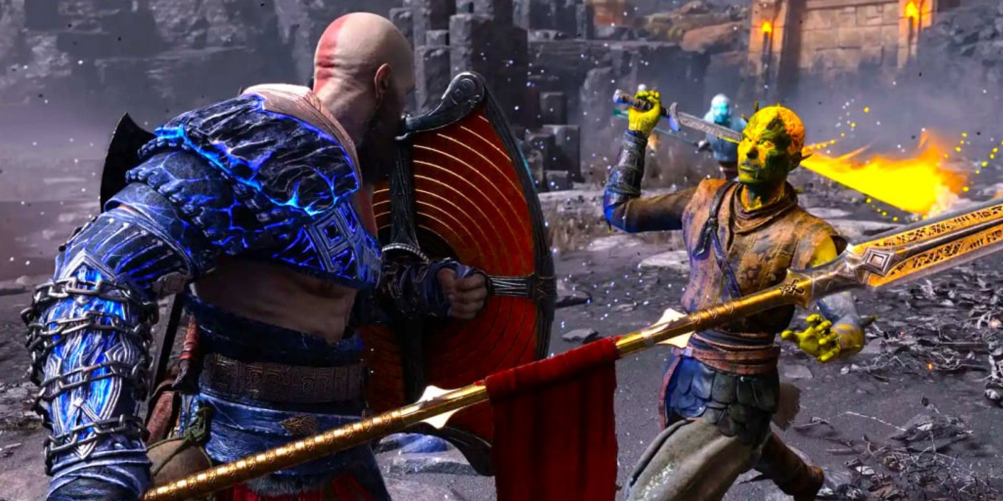 Kratos wearing blue shoulder armor and holding up a shield in preparation for an enemy's attack