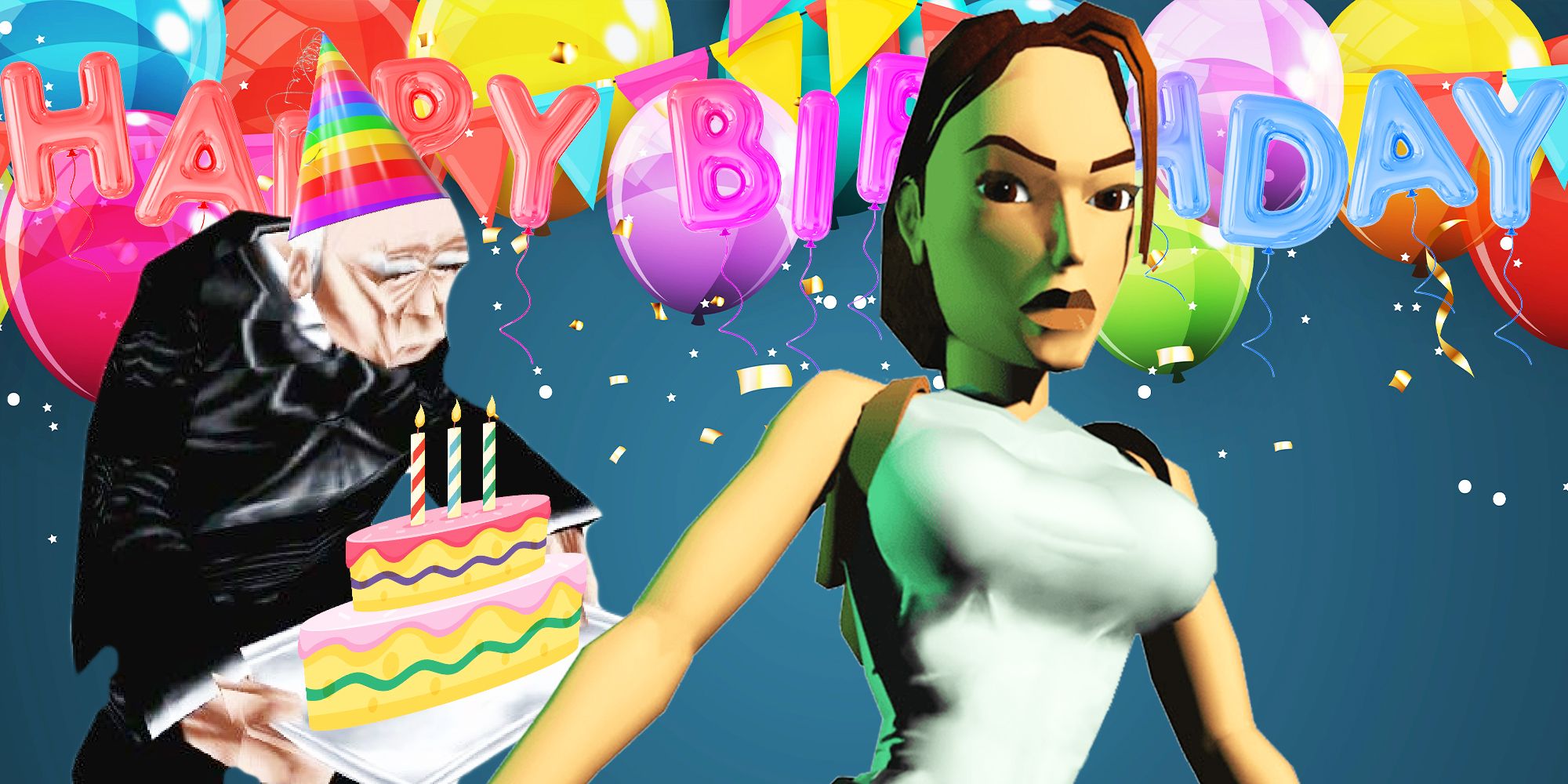 Lara Croft with a birthday sign and the butler carrying a birthday cake