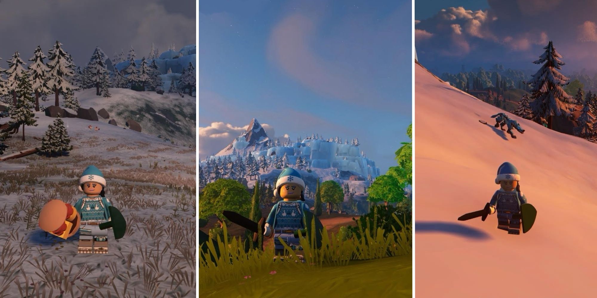 Lego Fortnite avatar with the Frostlands in the distance in the center panel, left panel shows the avatar with a Spicy Burger, and right panel shows an Arctic Wolf a short distance behind the avatar.