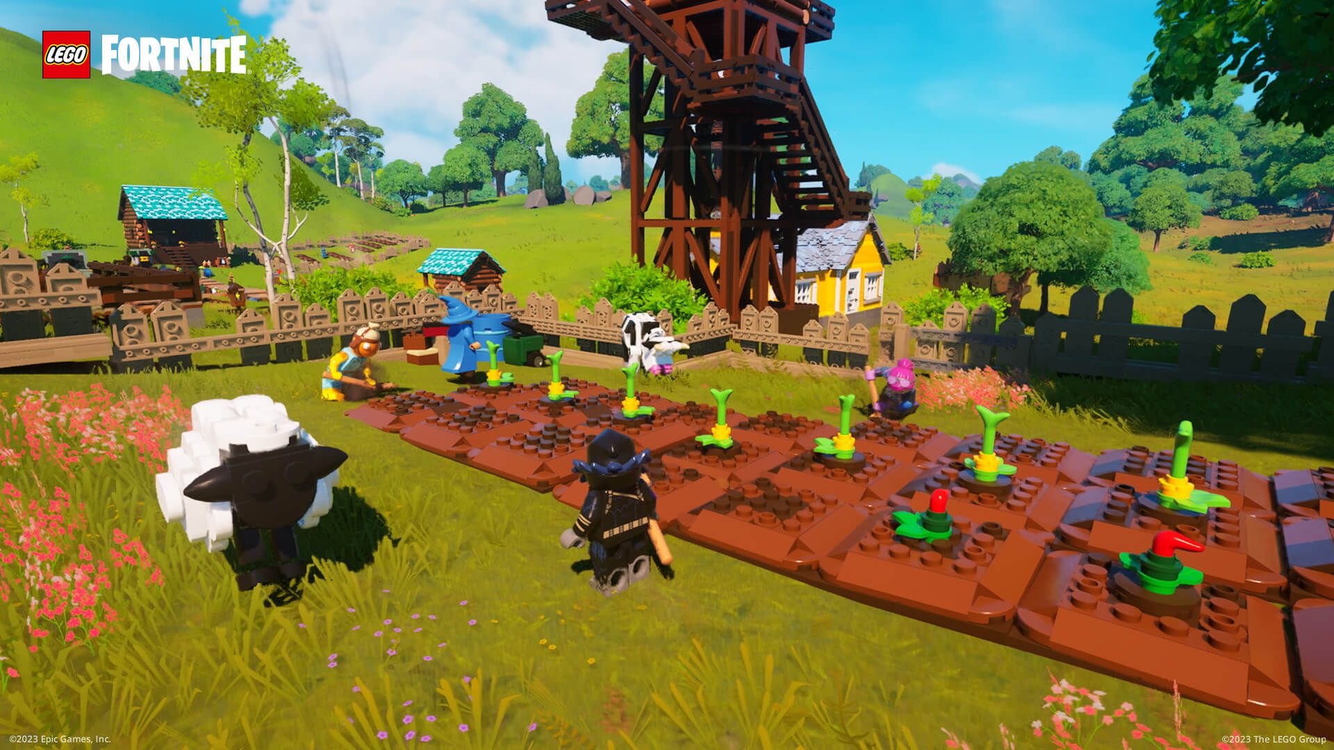 Lego Fortnite characters tending to a vegetable patch with a cow and sheep nearby.