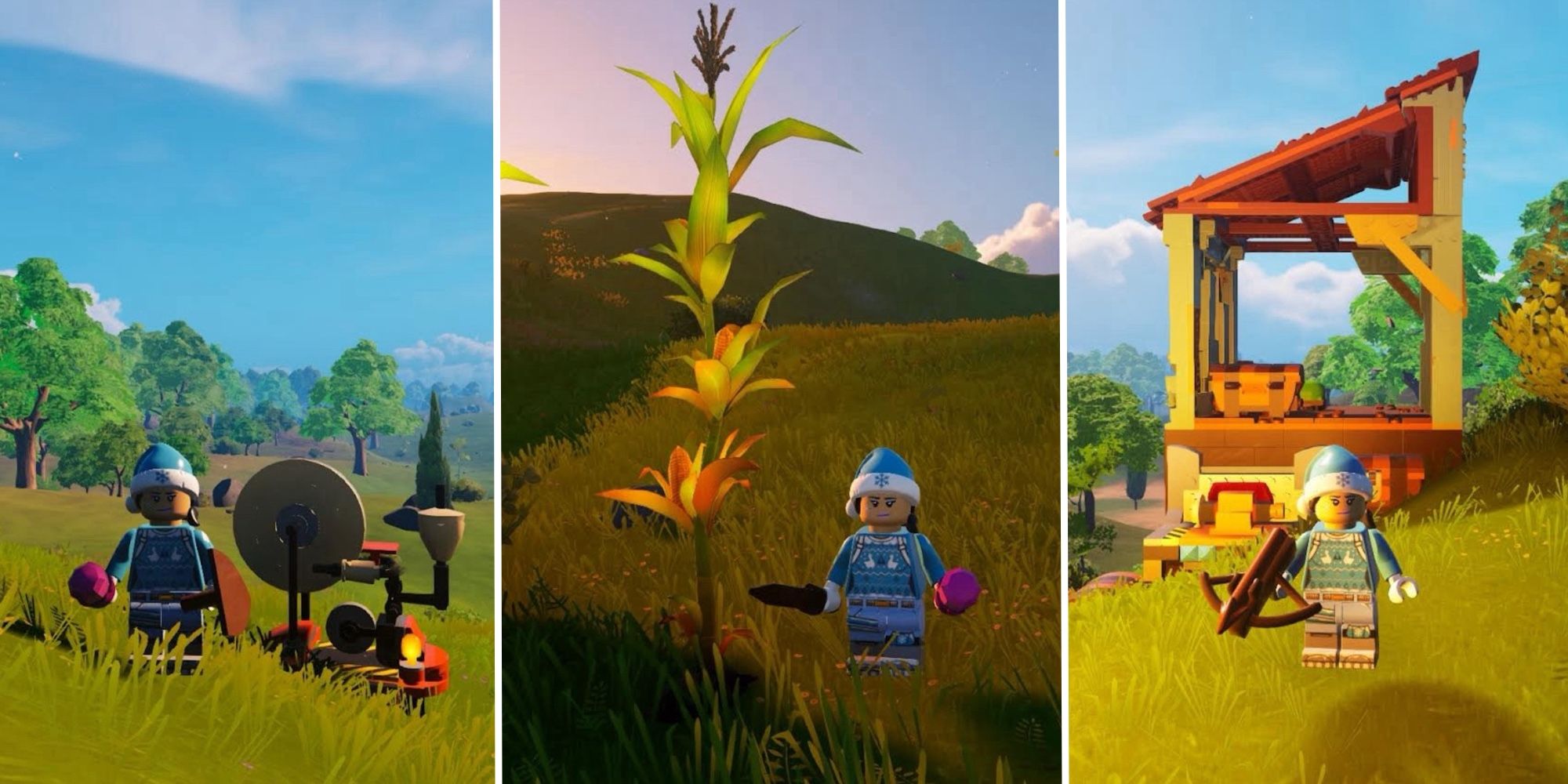 Lego Fortnite avatar standing near a corn stalk in the center panel, an avatar standing near a spinning wheel in the left panel, and an avatar holding a crossbow standing in front of a simple shack in the right panel. All the pictures are related to obtaining cord in the game.