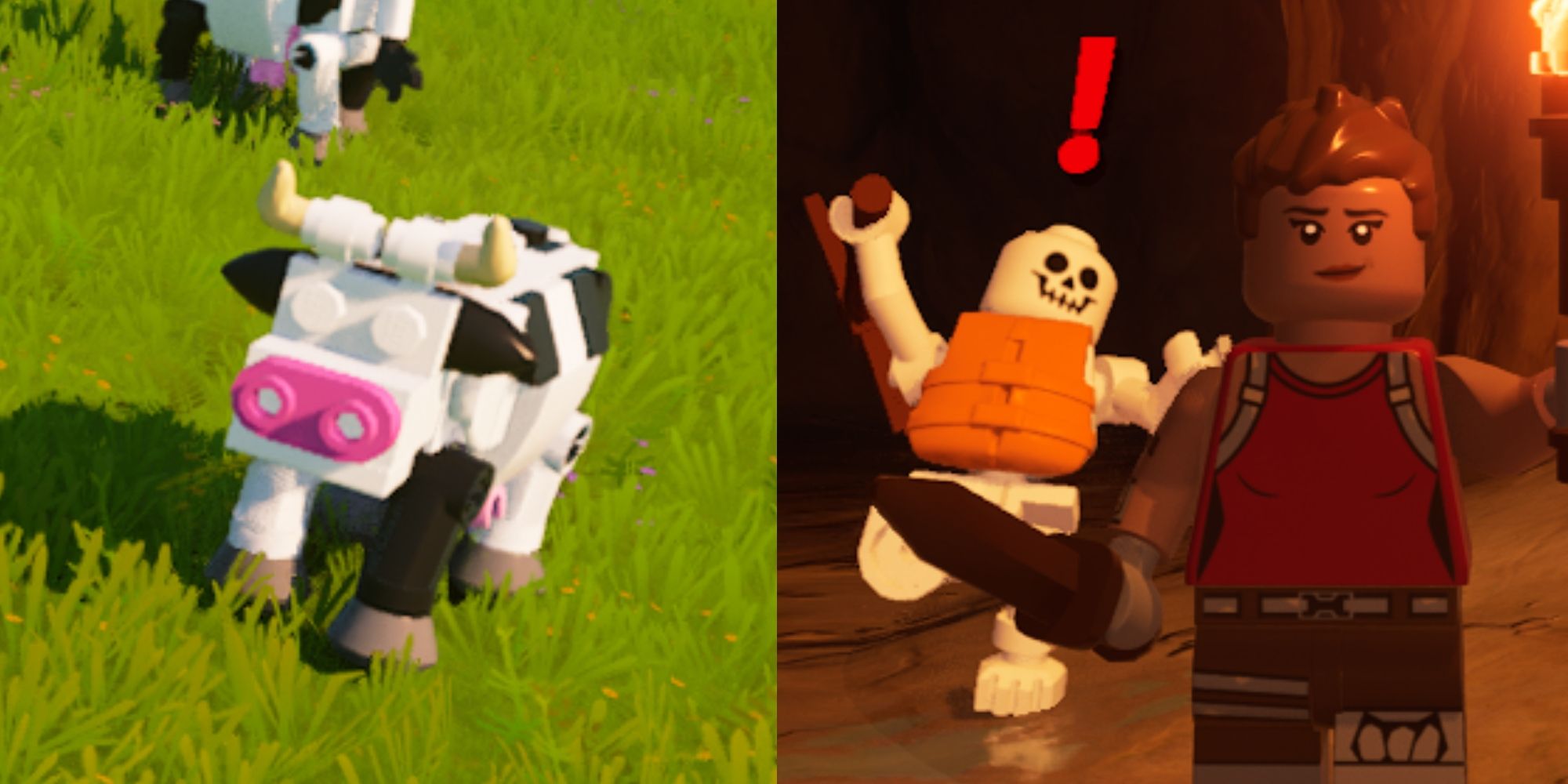 LEGO Fortnite ko på gräs och skelett på väg att attackera spelare i grottan bakifrån