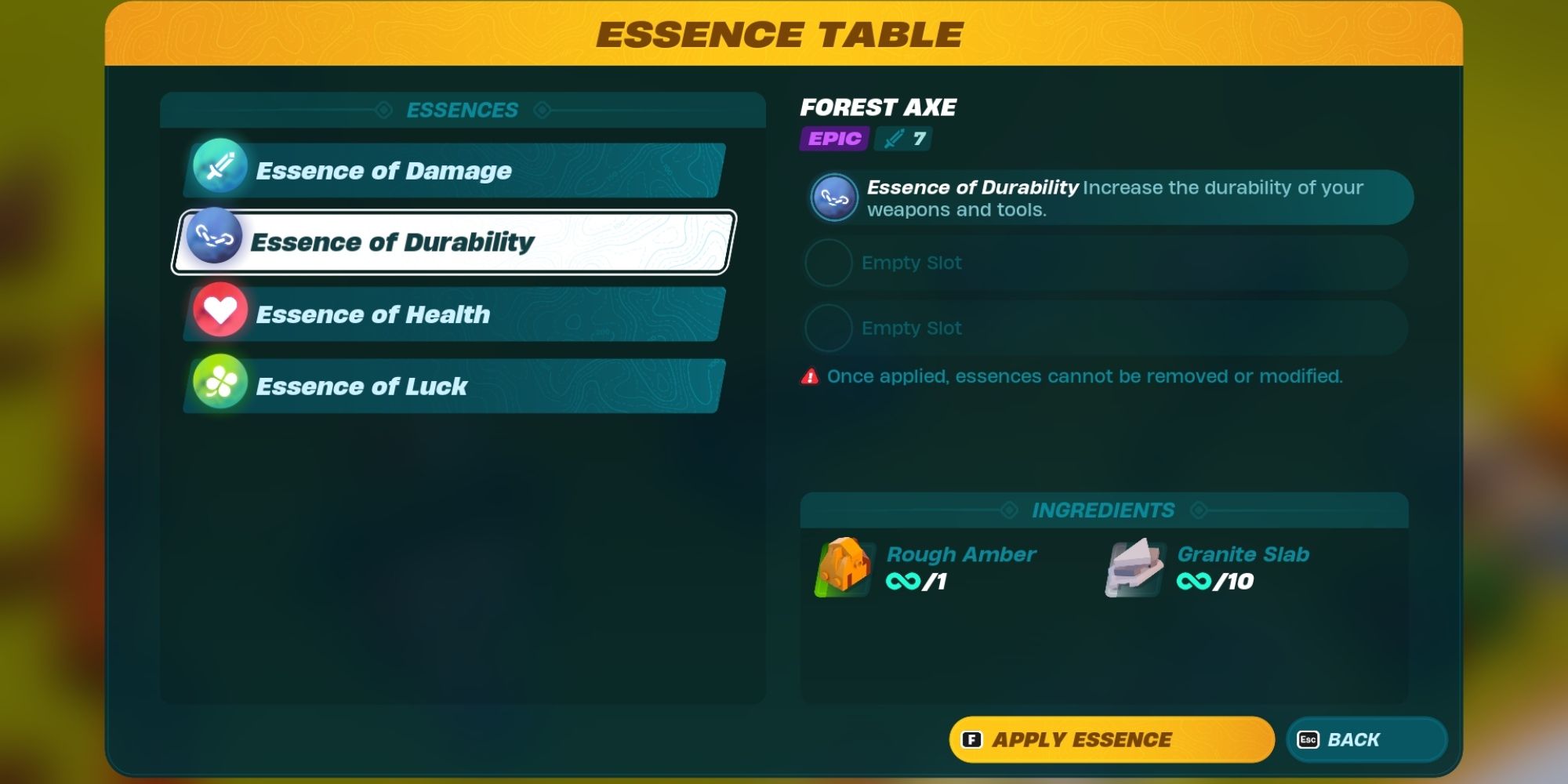 Lego Fortnite Essence Table menu craft list