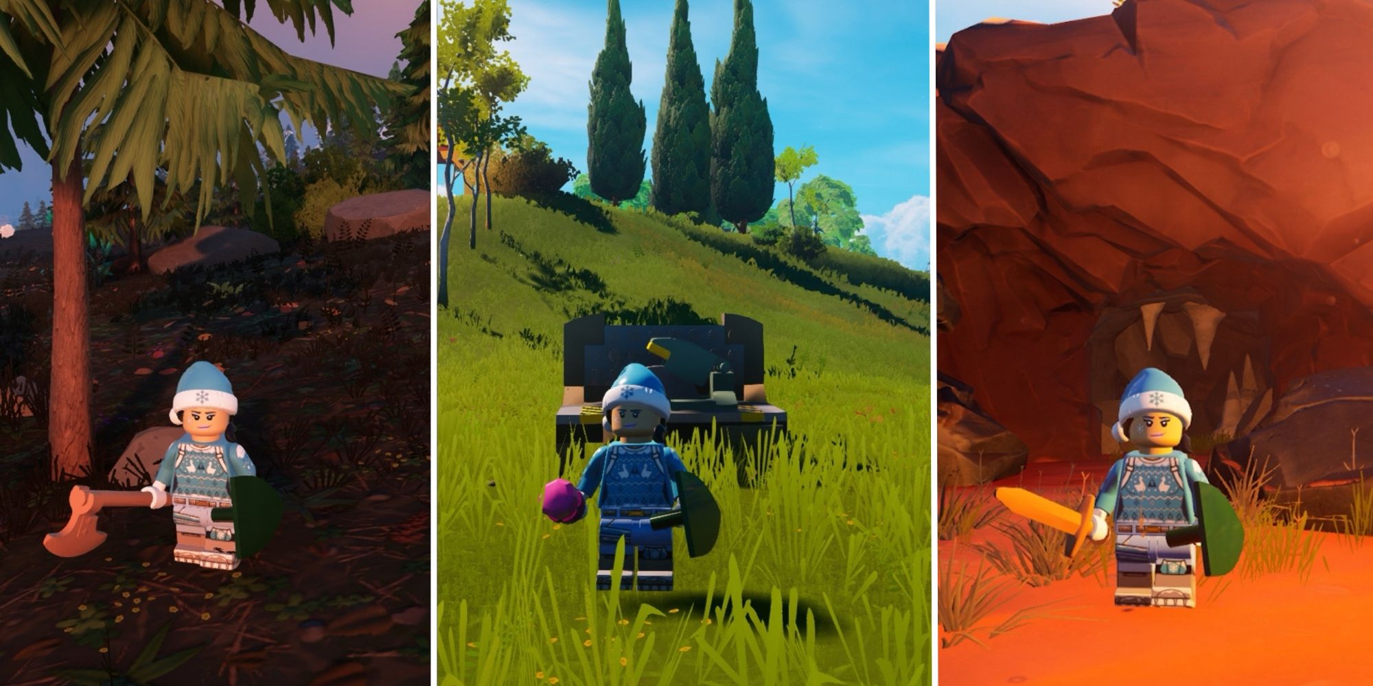 Lego Fortnite avatar standing in front of a crafting bench in the center panel, in the left panel an avatar standing near a pine tree with up upgraded axe, and in the right panel an avatar standing at the entrance to a Dry Valley cave. All of these are involved in being able to obtain Frostpine wood.