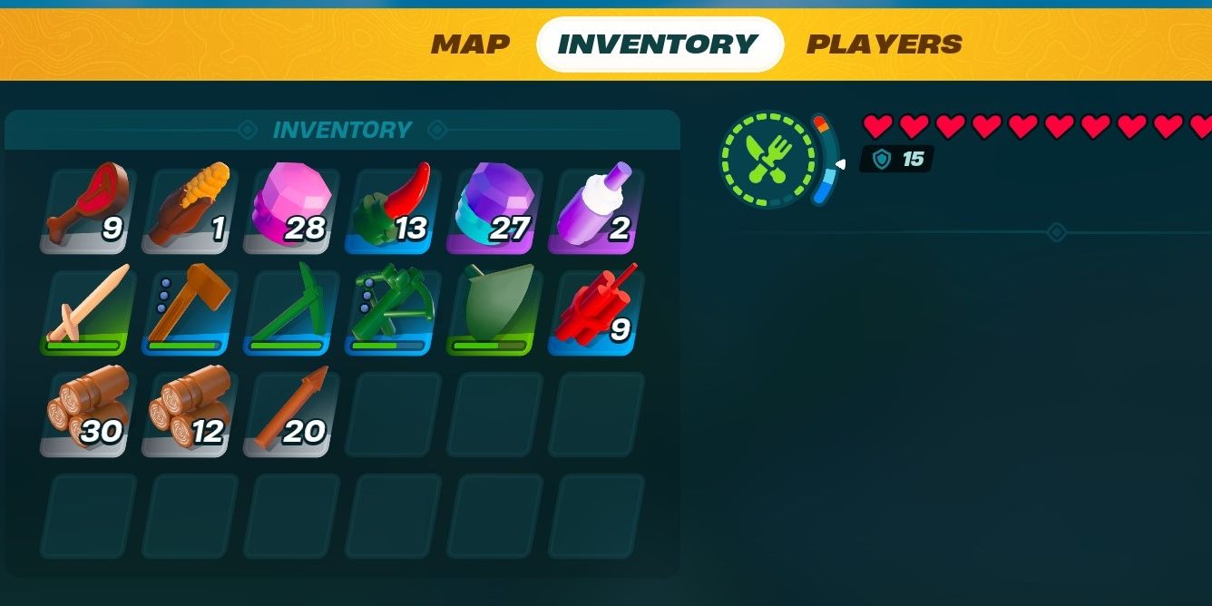 Lego Fortnite inventory showing an example of items to bring when mining Obsidian.