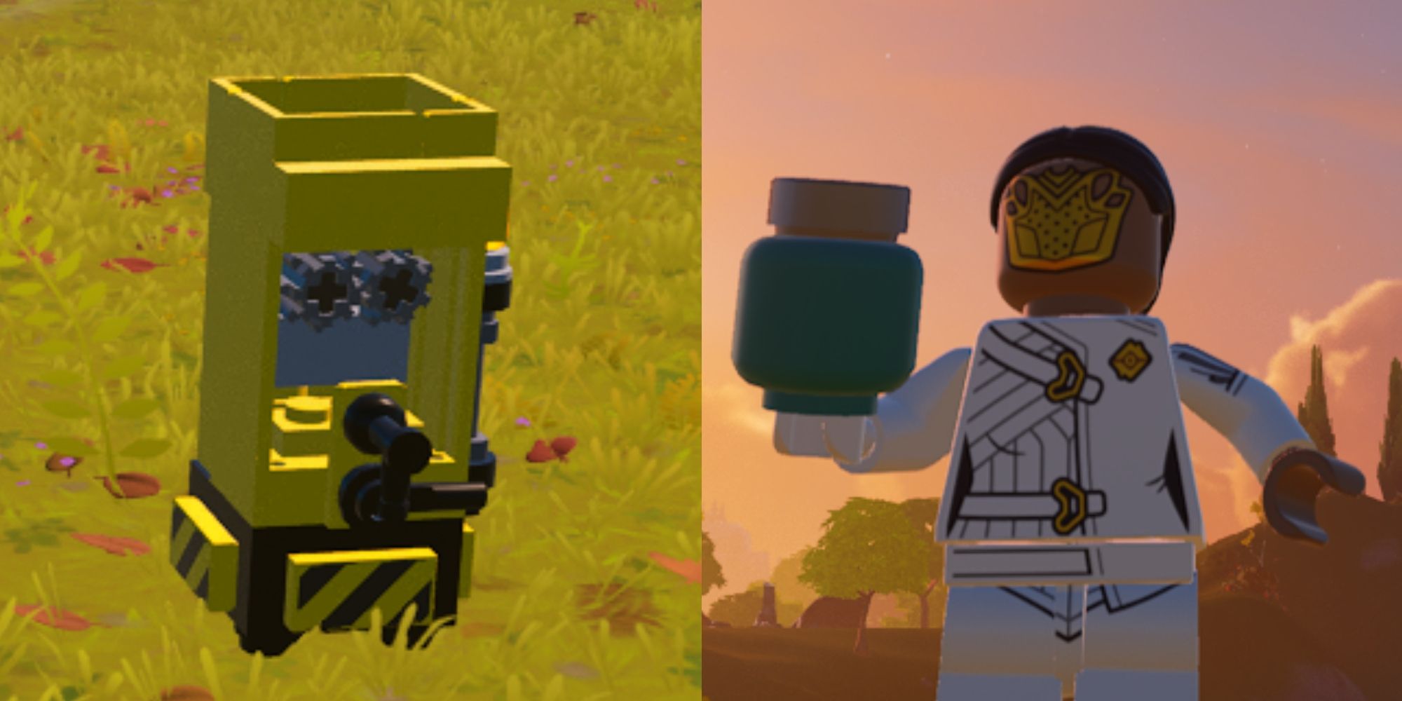 Lego Fortnite juicer on grass and player holding slurp juice