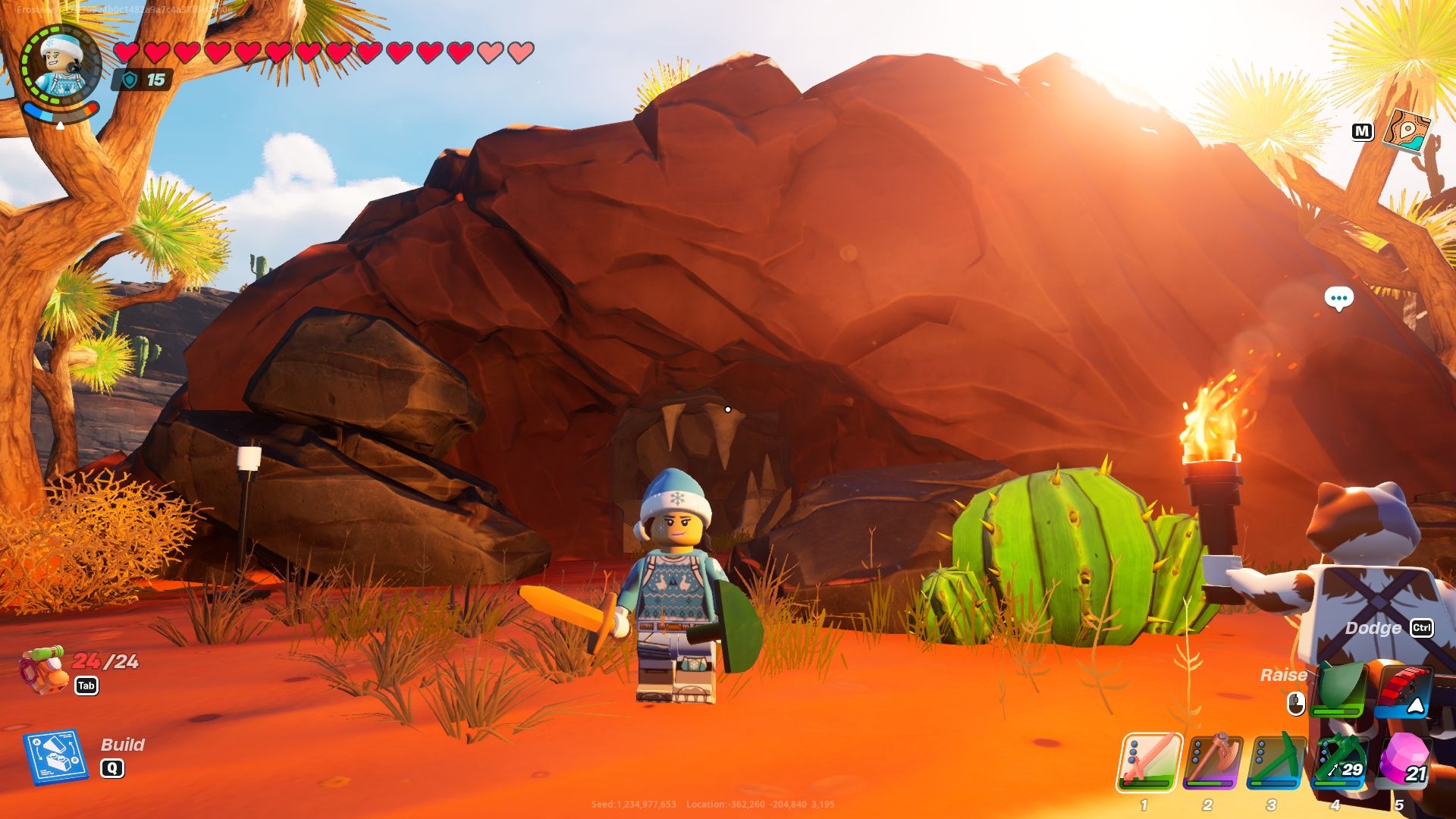 Lego Fortnite avatar standing in front of a lava cave to show what it looks like. The cave is comprised of reddish colored rock that is lighter than the rest of the rock formations found in the Dry Valley biome. 