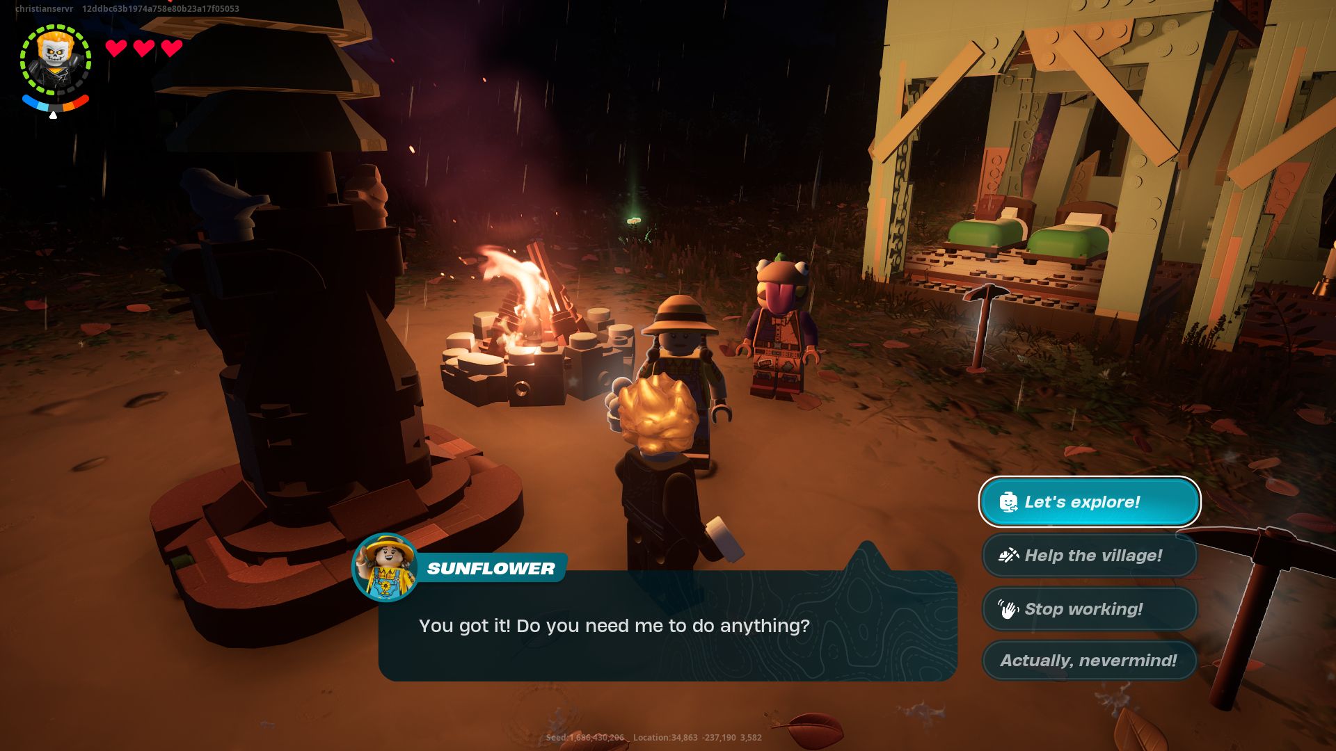 A screenshot from Lego Fortnite showing the Ghost Rider figure talking to Sunflower, with the 