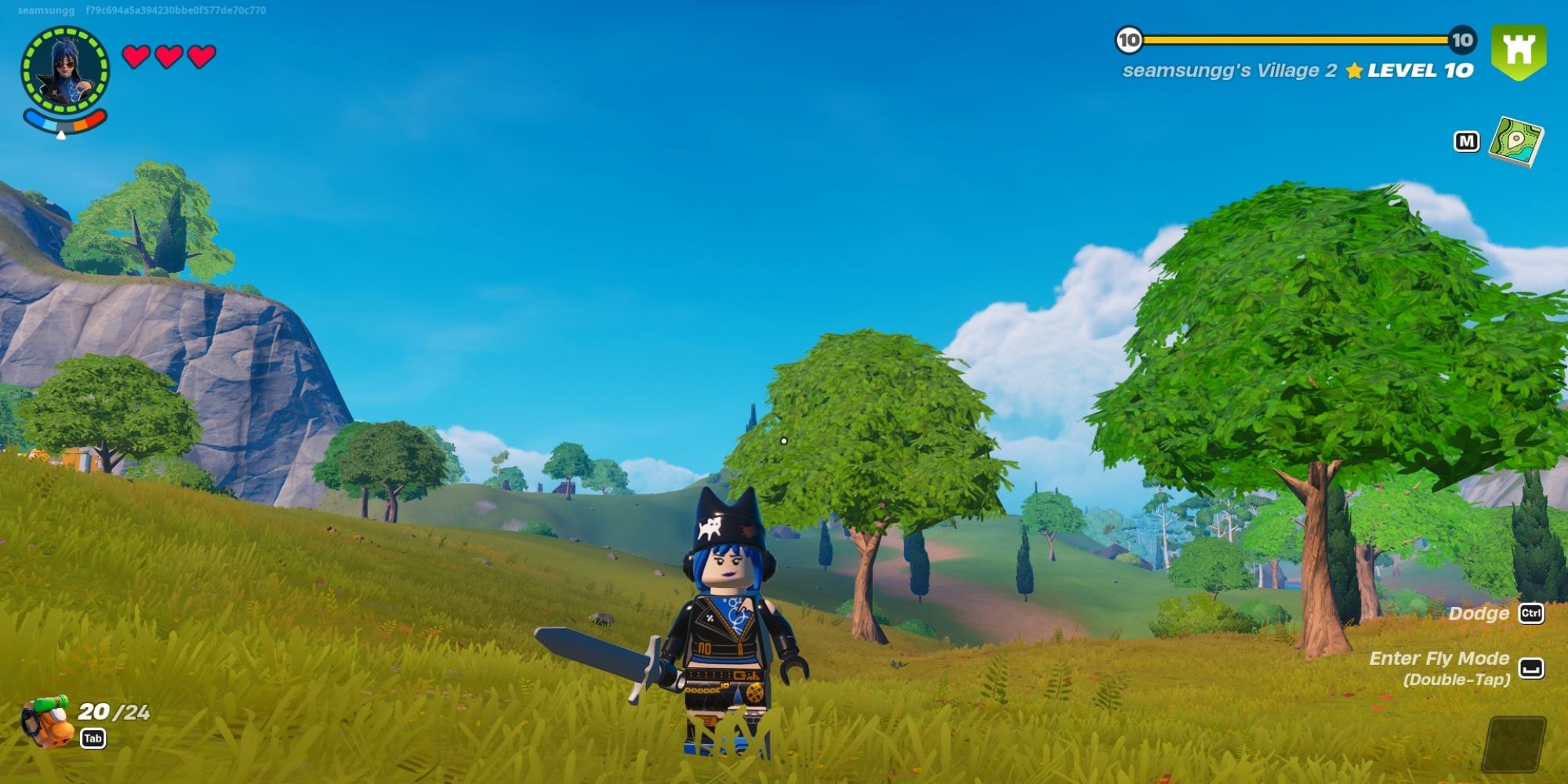 Lego Fortnite player holding epic longsword in the grasslands