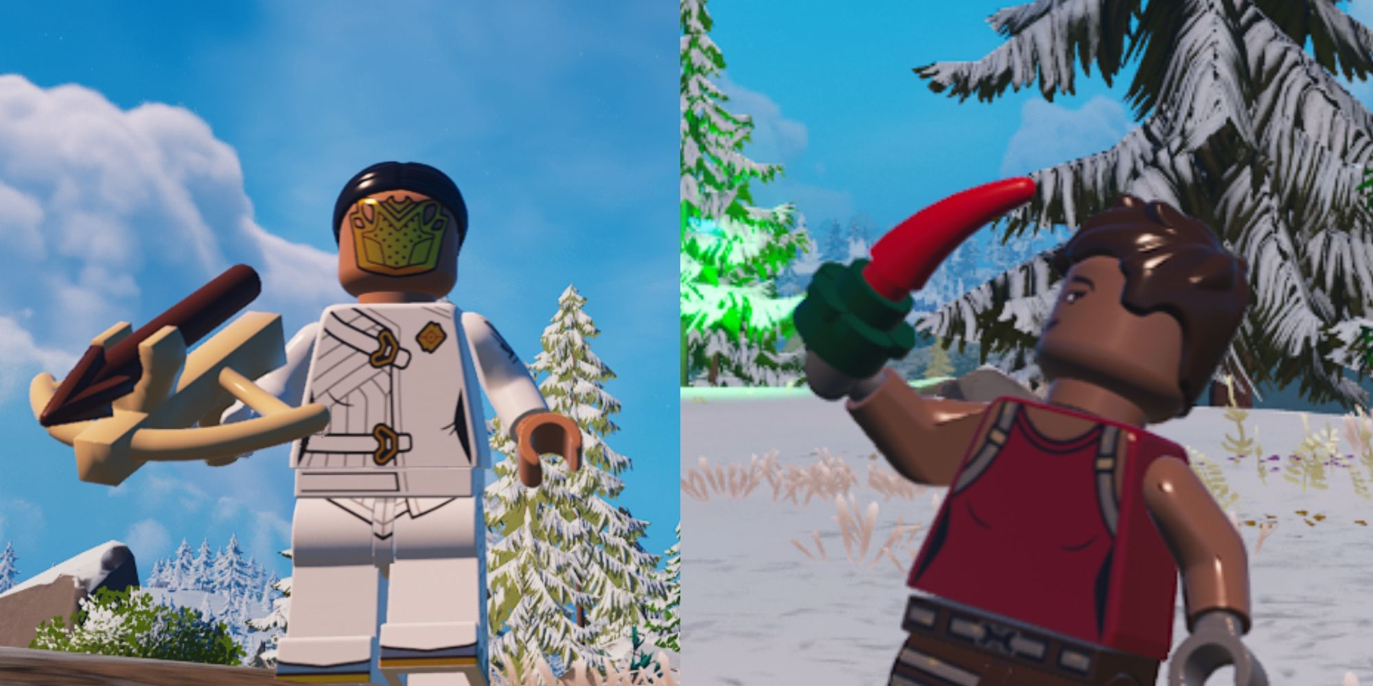 Lego Fortnite Player holding epic recurve crossbow and player eating spicy pepper