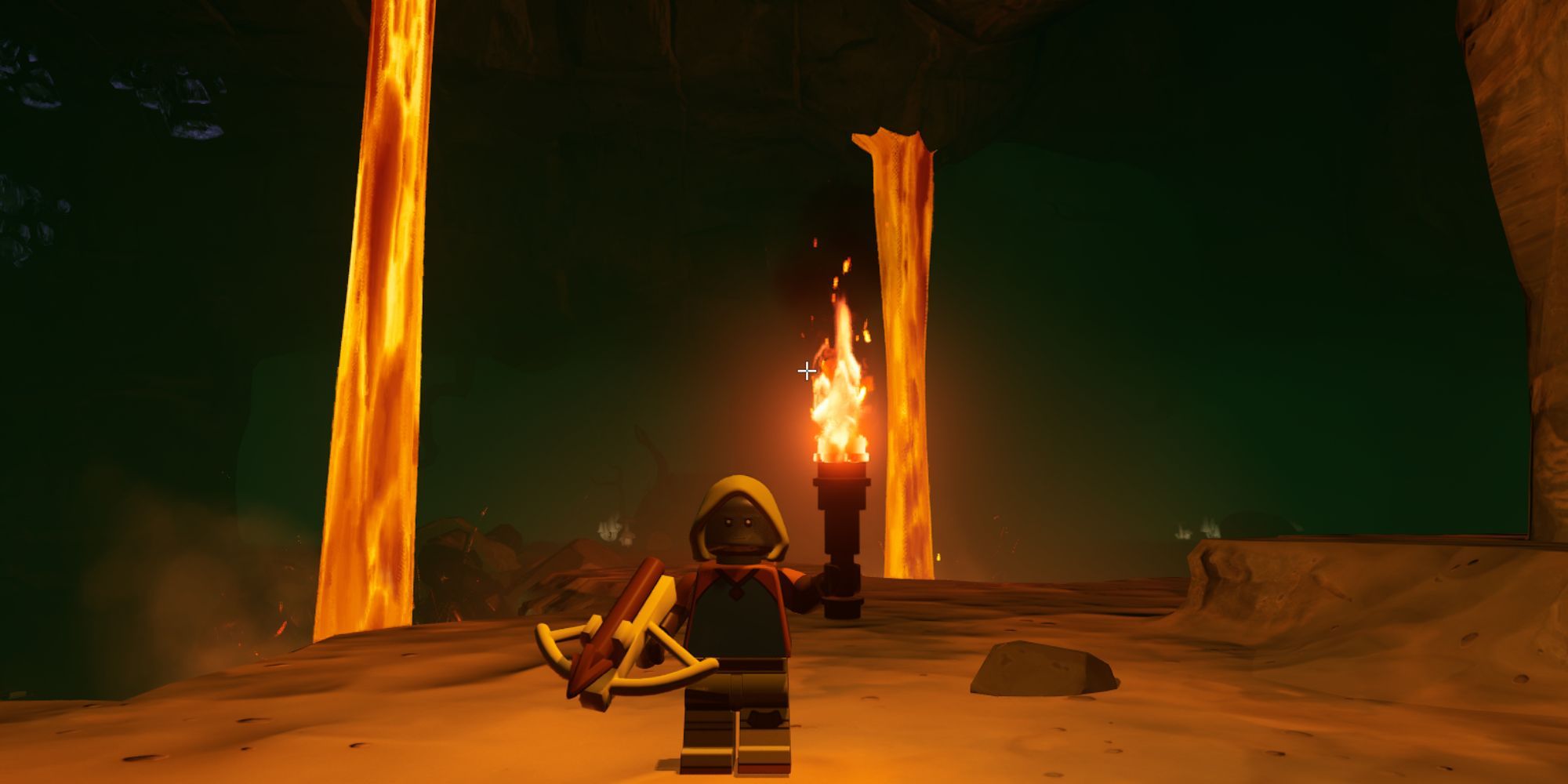 A player standing in a cave with lava waterfalls holding a crossbow and a lit torch.