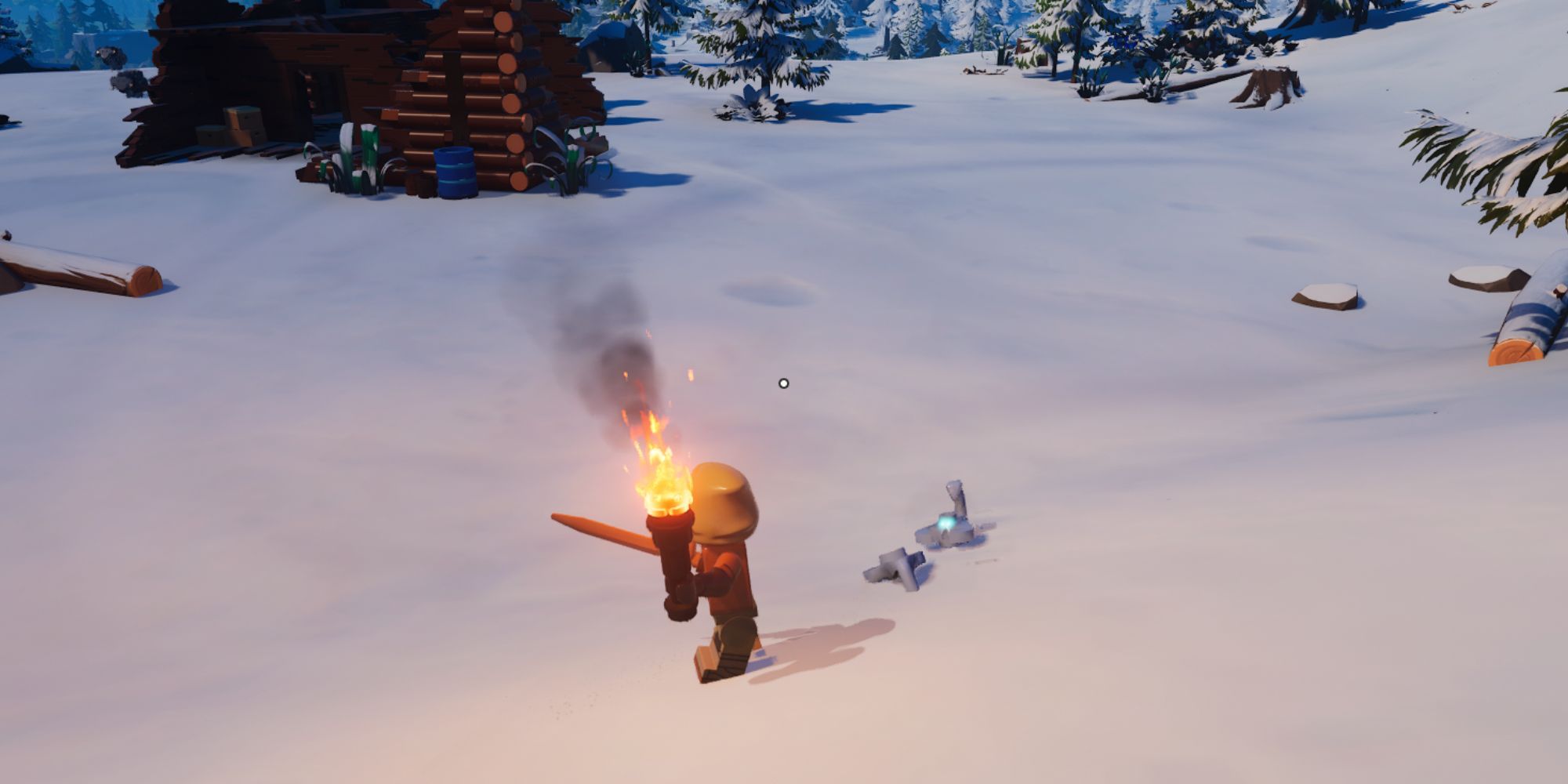 Ein Spieler mit einer brennenden Fackel und einem Langschwert kämpft mit leuchtend blauen Augen gegen zwei Schneeskorpione.