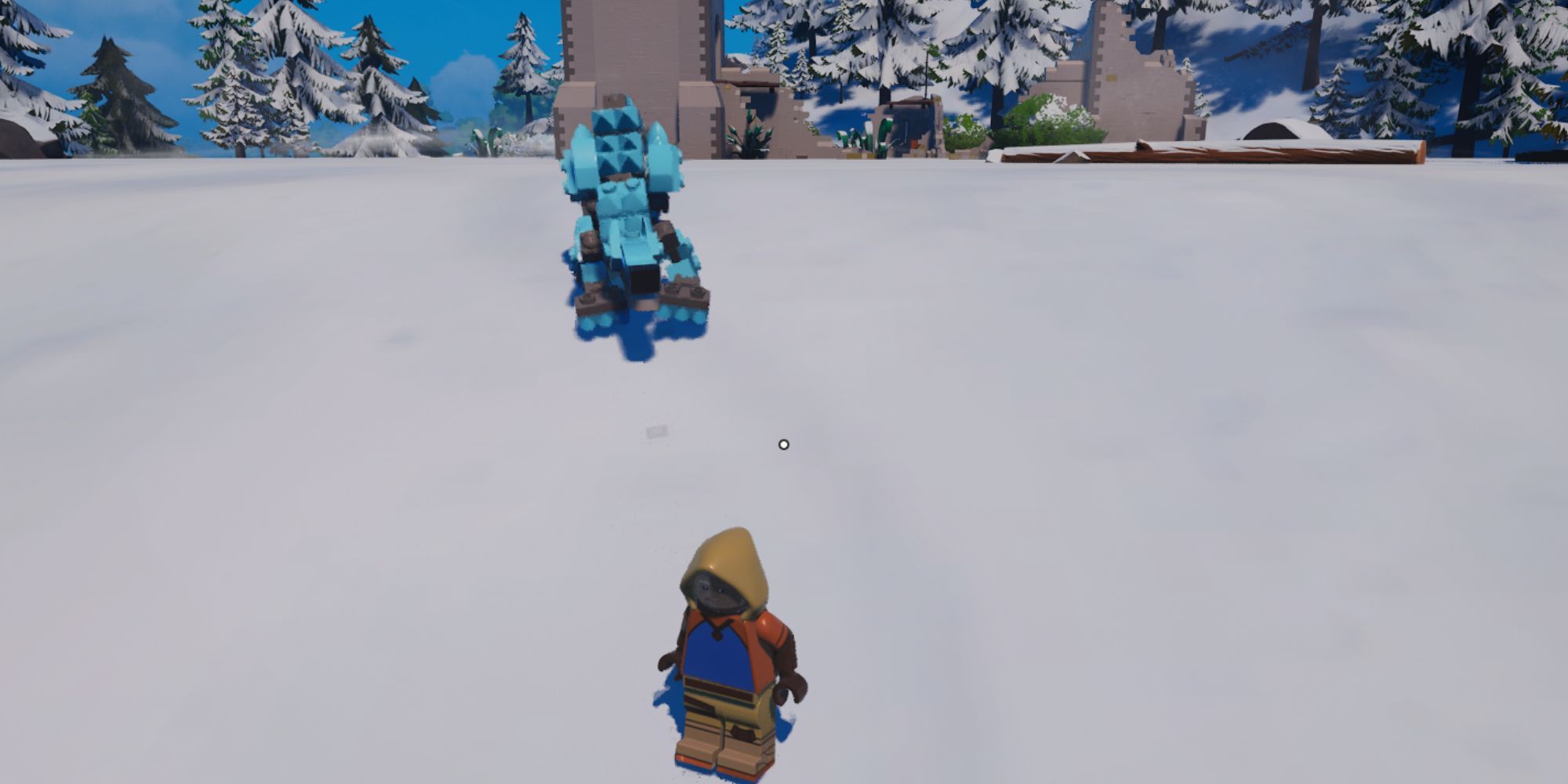 A player in a snowy biome about to be pounced on by a large, blue snow wolf.