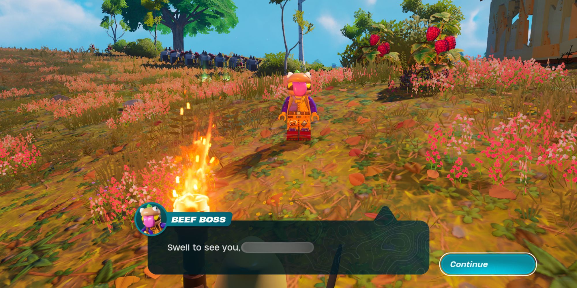 A dialogue with Beef Boss, a mostly purple and pink lego character with a hamburger for a head.