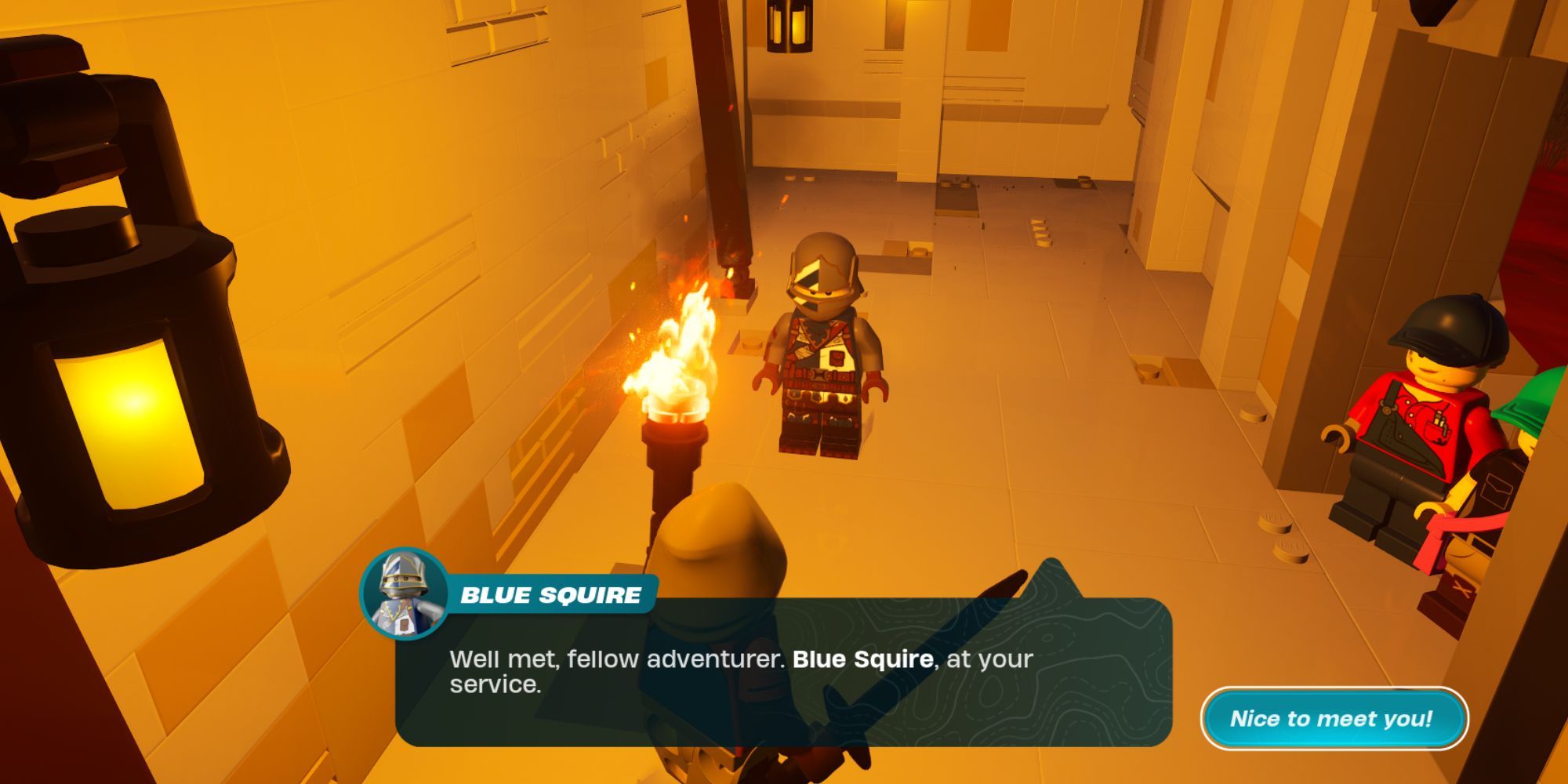 A dialogue with Blue Squire, a man wearing full medieval plate armor and a metal helmet.