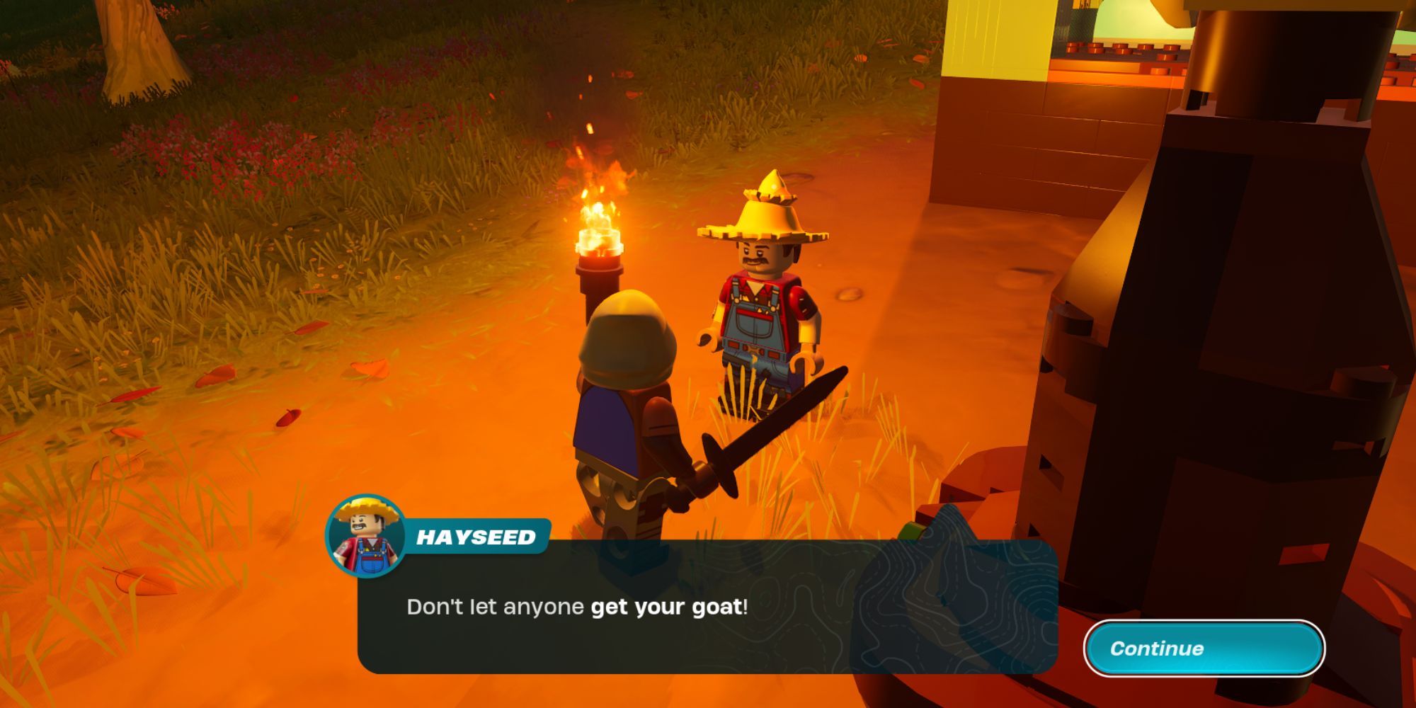 A dialogue with Hayseed, a farmer with a yellow, pointy straw hat on his head.