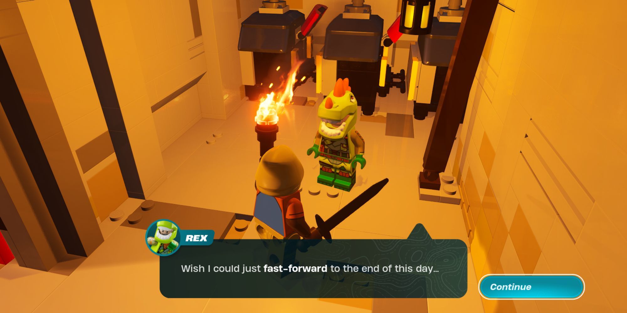 A dialogue with Rex, a man wearing a greenish-yellow dinosaur helmet with orange spikes and white teeth.