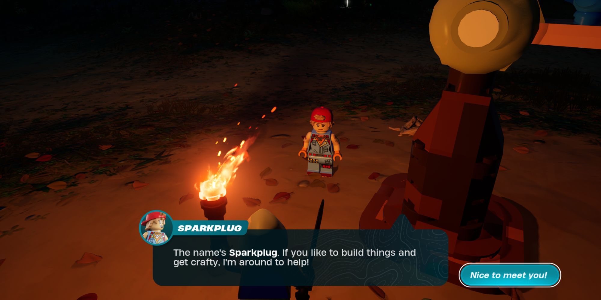 A dialogue with Sparkplug, a lego character wearing a mechanic's jumpsuit and a backwards red baseball cap.