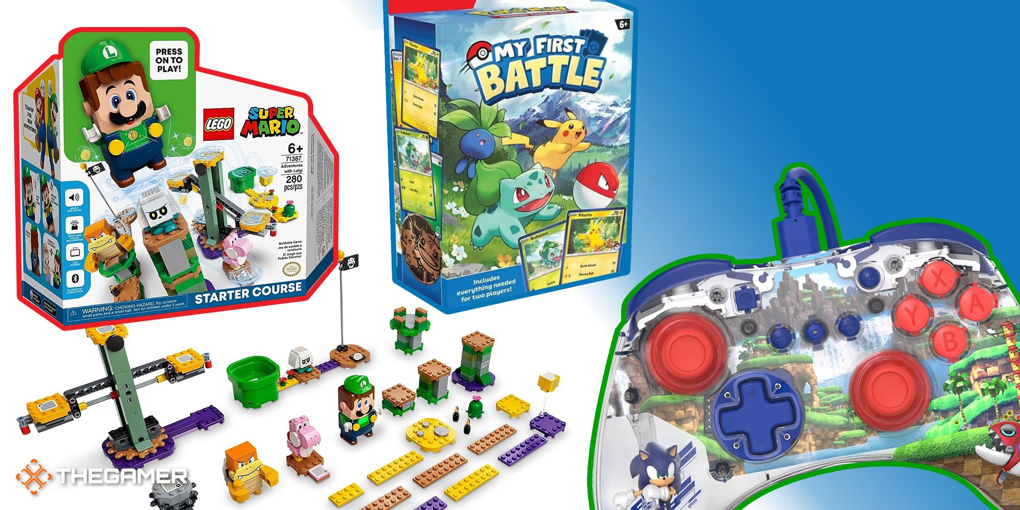 lego luigi starter course, pokemon tcg my first battle, and pdp realmz sonic controller