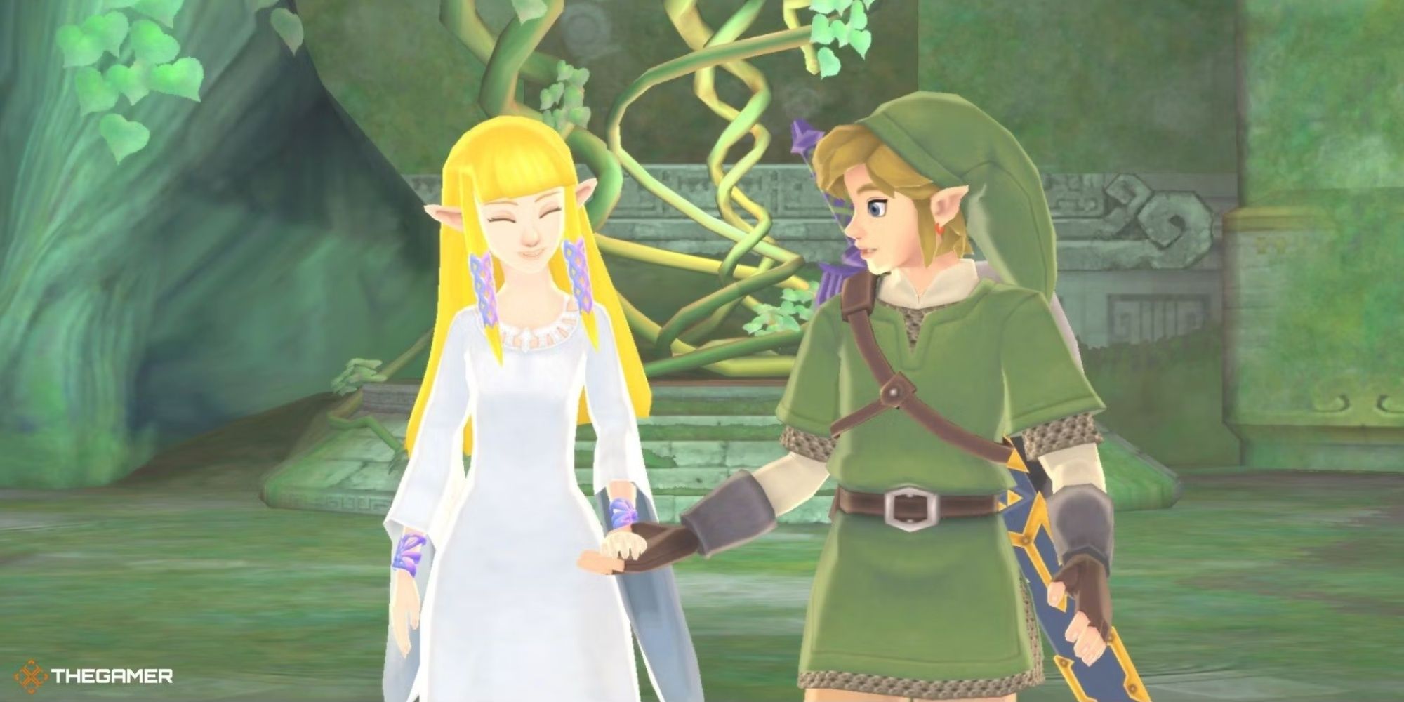 Link holds Zelda's hand as she smiles in Skyward Sword.