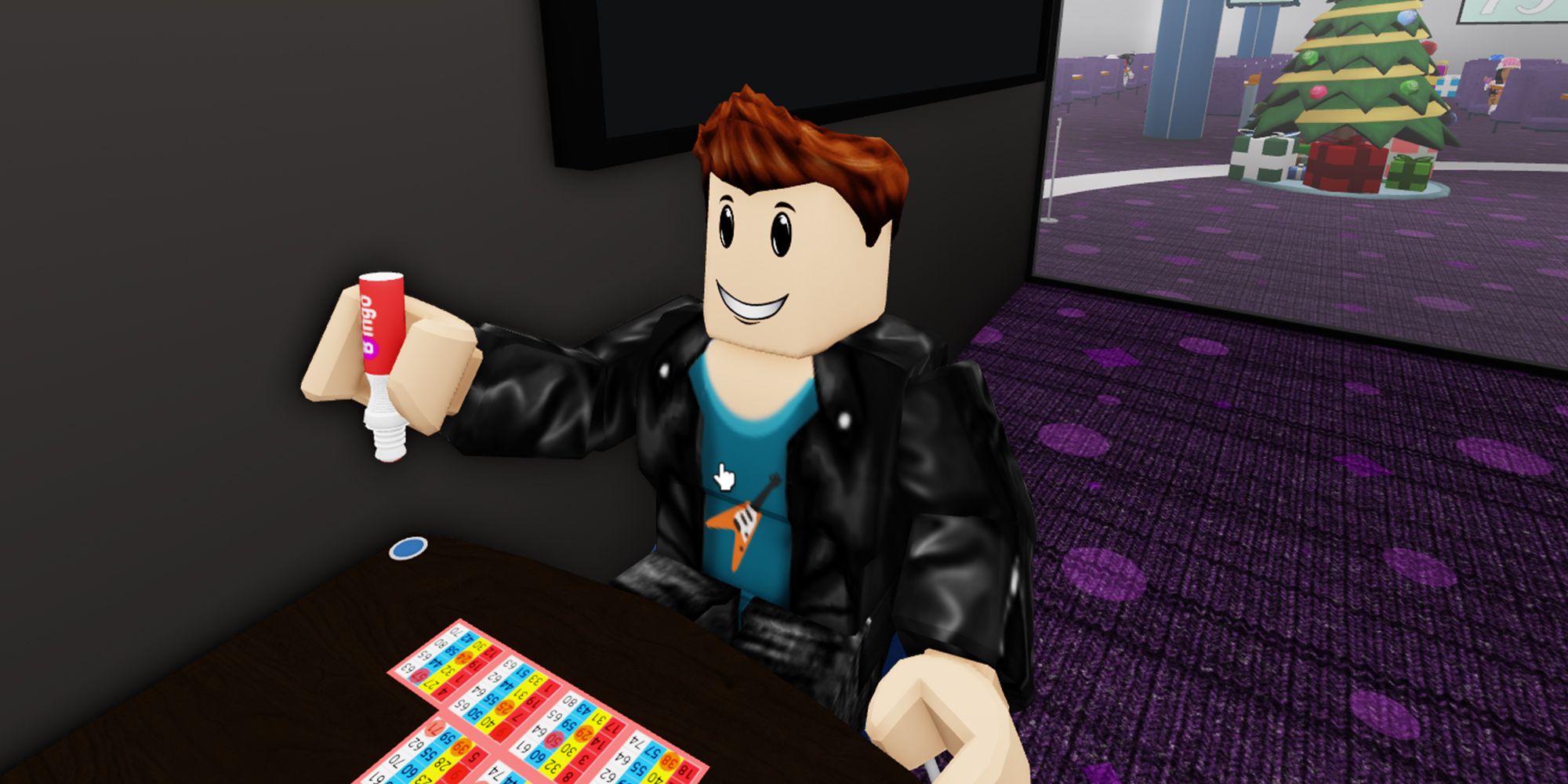A Roblox character sits at a table and marks his Arcade Bingo cards in Bloxy Bingo.