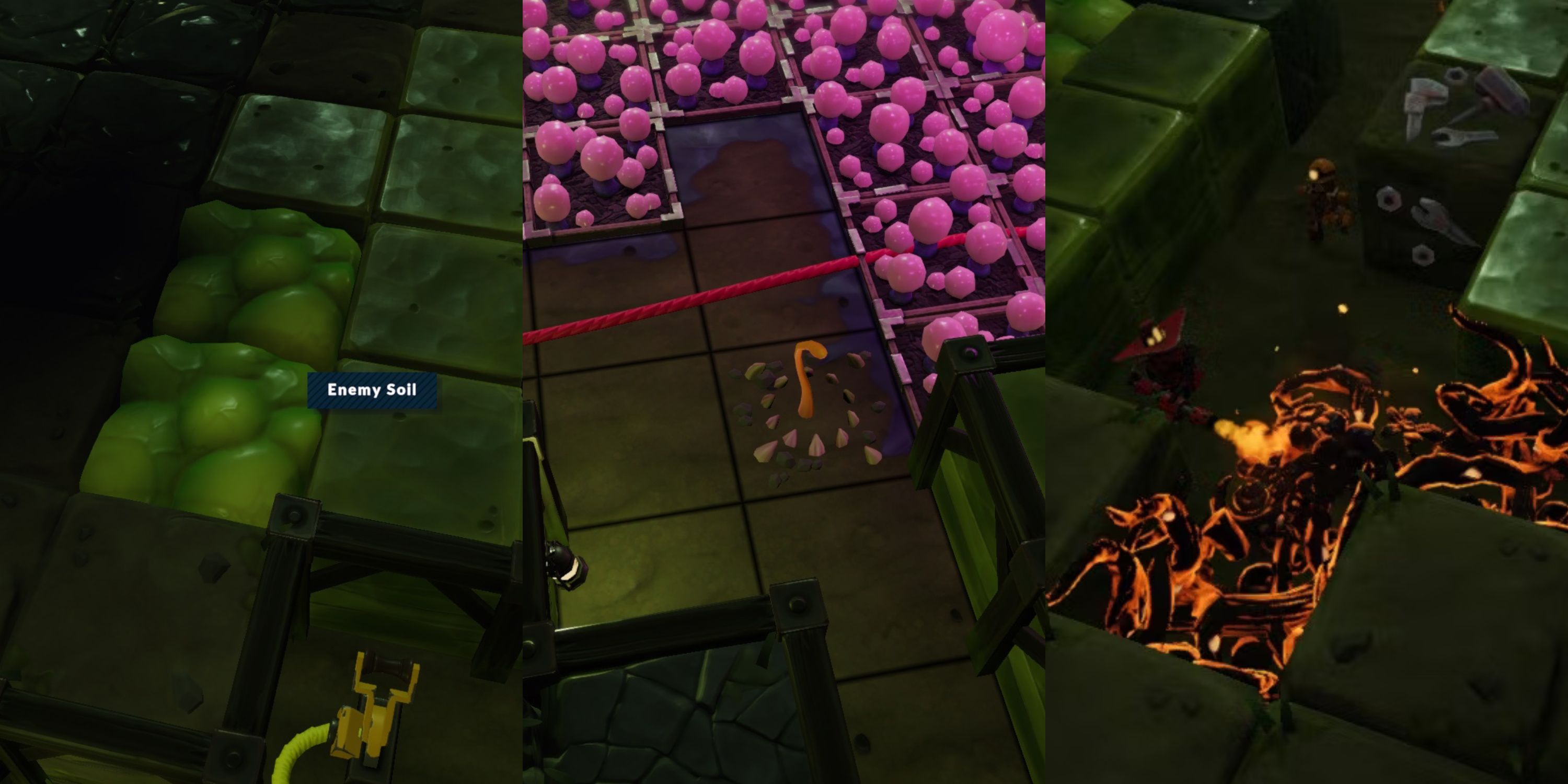 Left to right: Enemy blocks, a Worm Den, Creep being set on fire