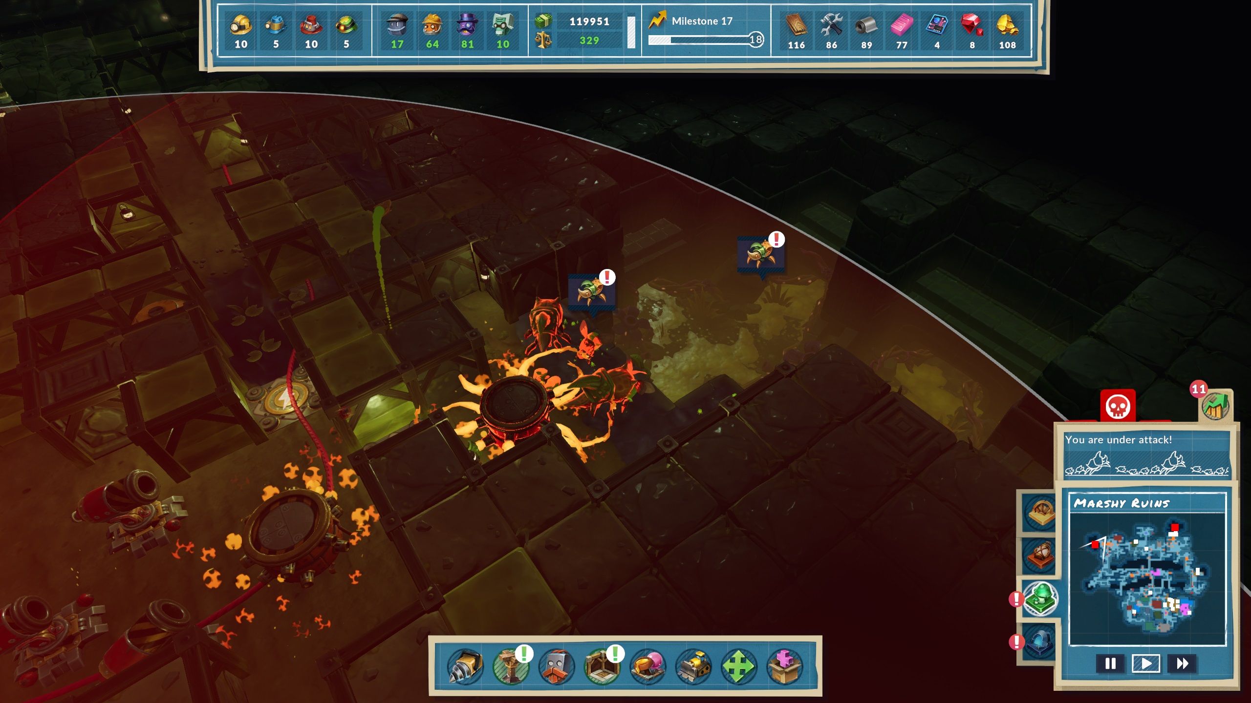 An active Hive sending enemies to attack. They're being set ablaze by the Flame Turret