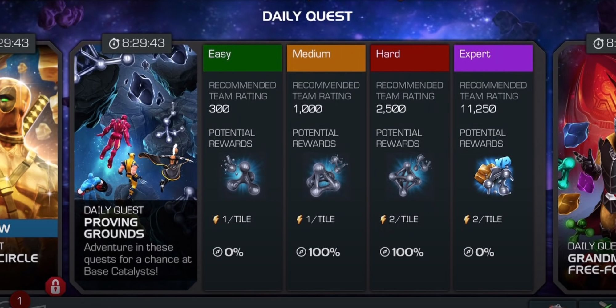 Eine tägliche Quest-Benutzeroberfläche von MCoC, die verschiedene Schwierigkeiten in verschiedenen Farben sowie potenzielle Belohnungen zeigt.