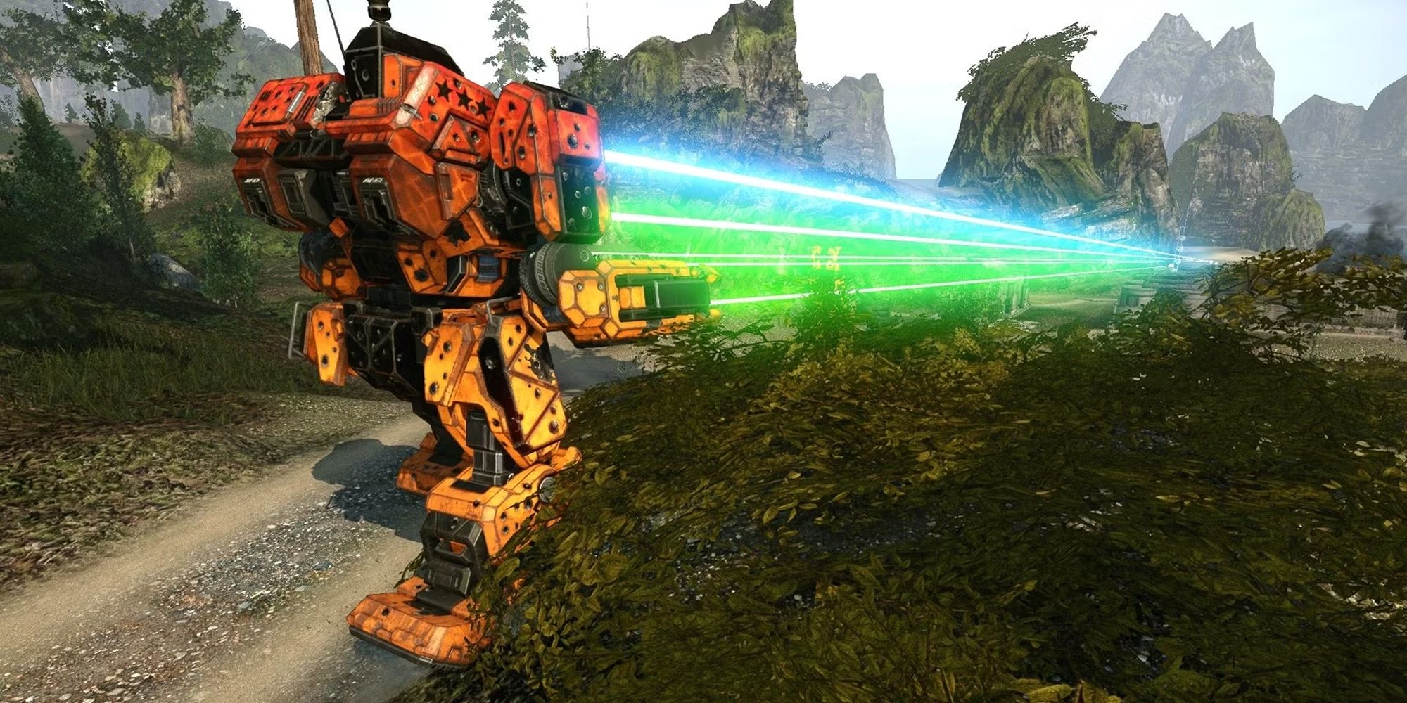 تصویر آنلاین MechWarrior نشان می‌دهد که یک مکانیک در حالی که لیزر را شلیک می‌کند.