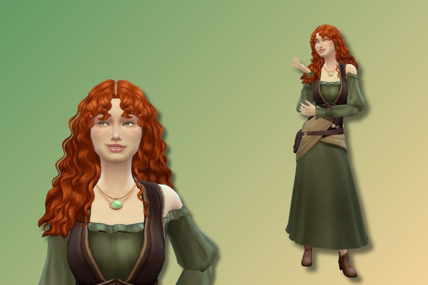 A Sim that looks like Merida from Disney's Brave stands against a green and yellow background.