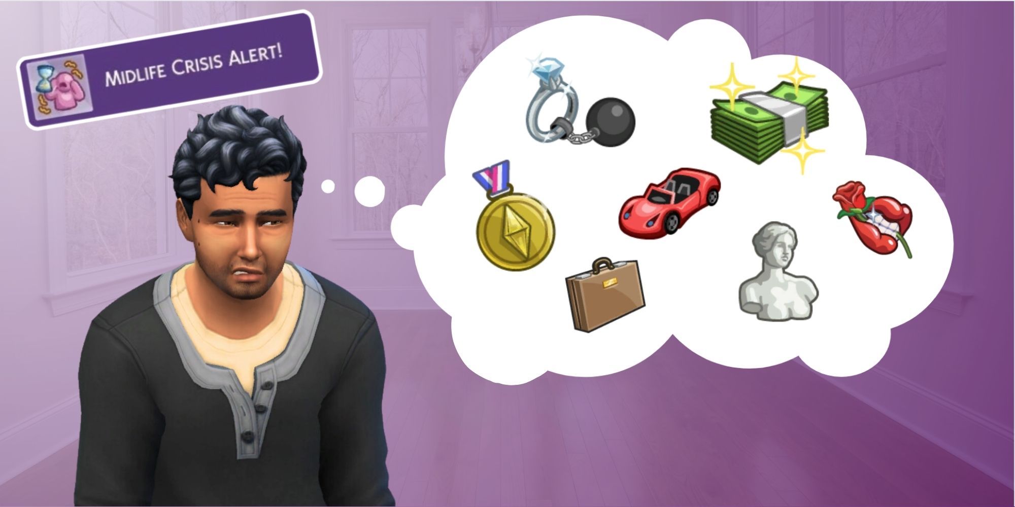 A middle-aged masculine Sim appears tired and overwhelmed. In a thought bubble emerging from his head, there are icons representing success, romance, creativity, and adventure. Above his head, a sign reads, 