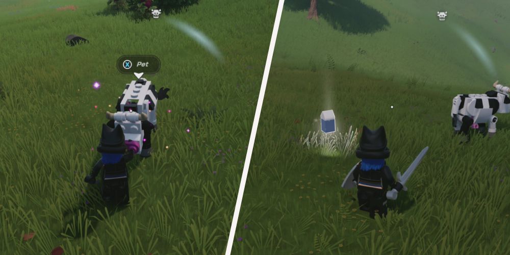 Lego Fortnite: Left: Petting a cow, right: receiving milk from the cow