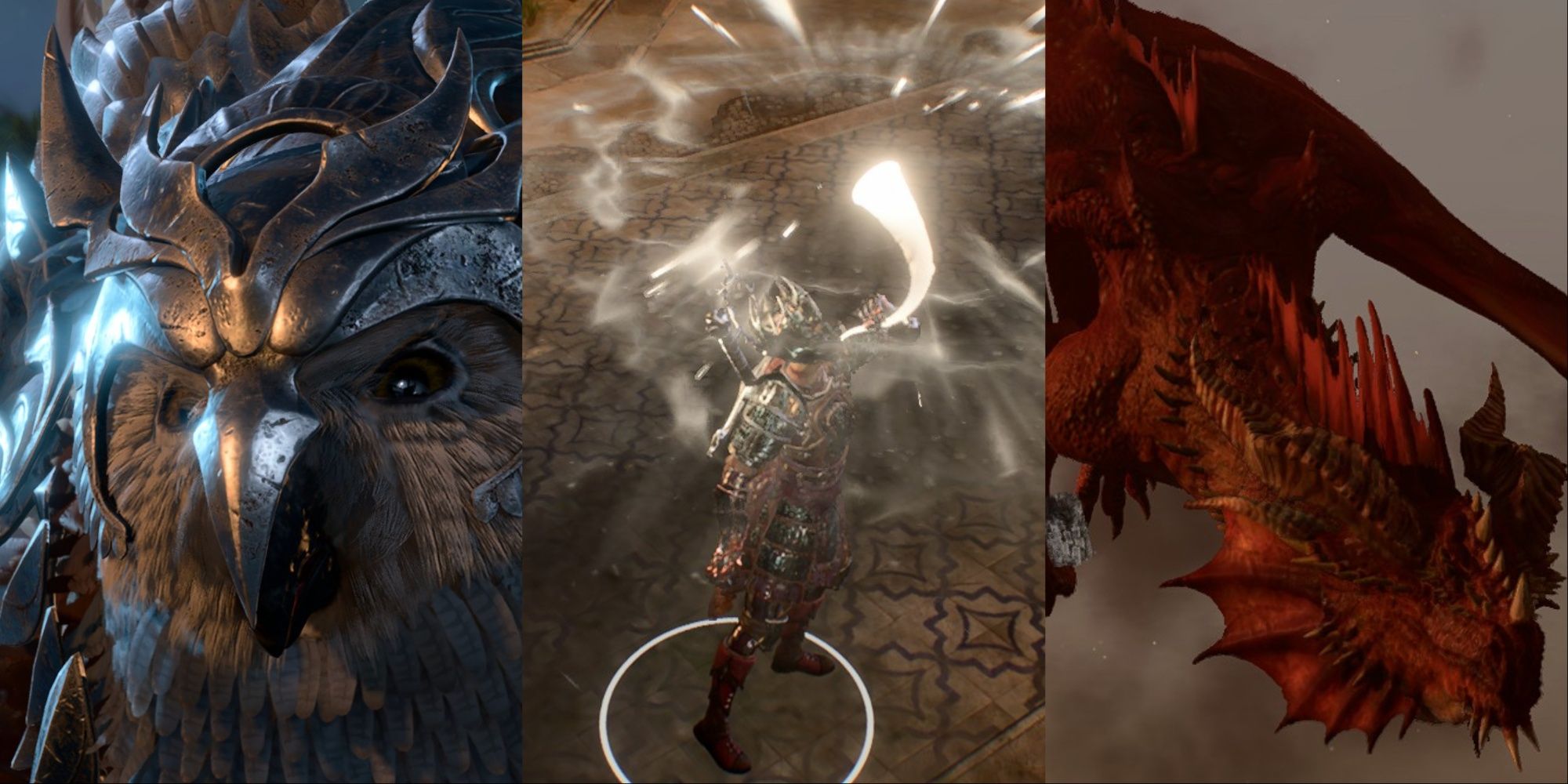 Split Image of Armoured Owlbear Cub, Lae'zel using summoning horn, and Red Dragon swooping down in Baldur's Gate 3.