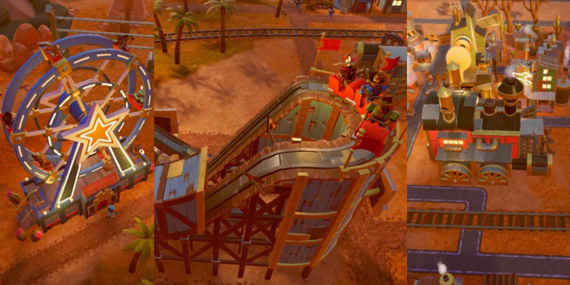 Split image featuring the large Desert Star Landmark Building, an up-close shot of several Steambots riding the Rail Rush building, and the Train Depot Landmark Building in Steamworld Build.