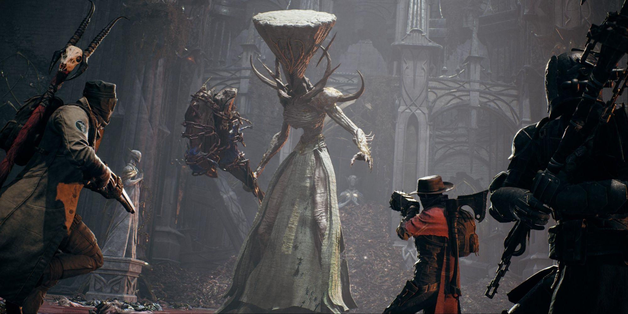 A trio of players facing the towering club-wielding and disturbing One True King boss, weapons pointed at him in the Gothic chamber room.