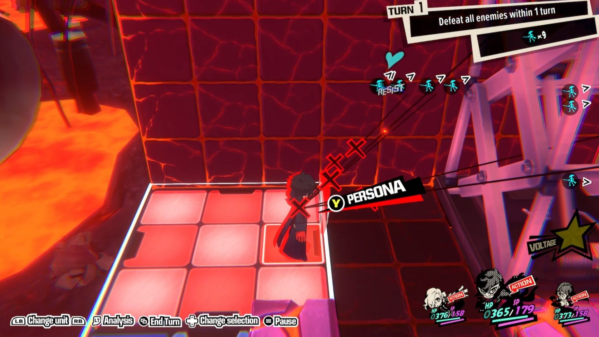 Joker stands on a red platform to prepare to go to the upper level during Quest 12 in Persona 5 Tactica.