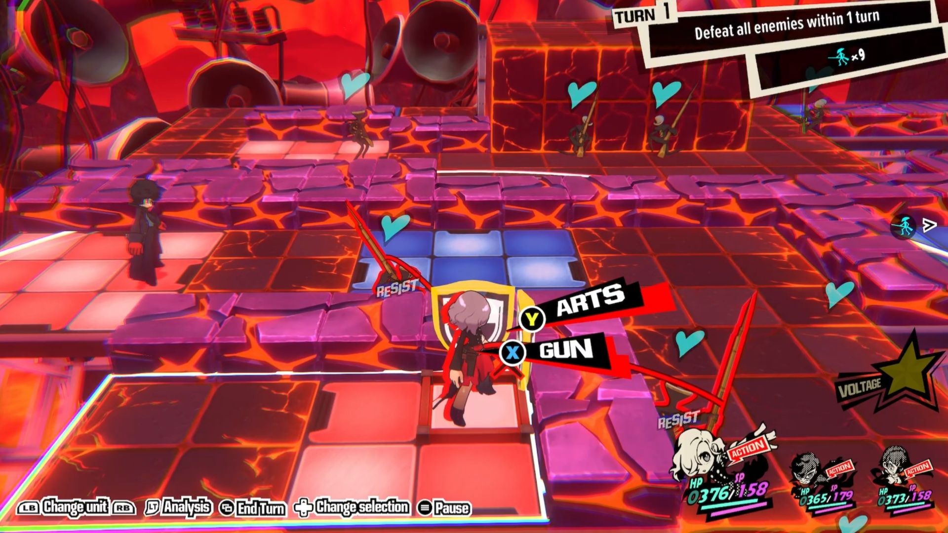 Erina stands on the red platform button to change the floor layout during Quest 12 in Persona 5 Tactica.