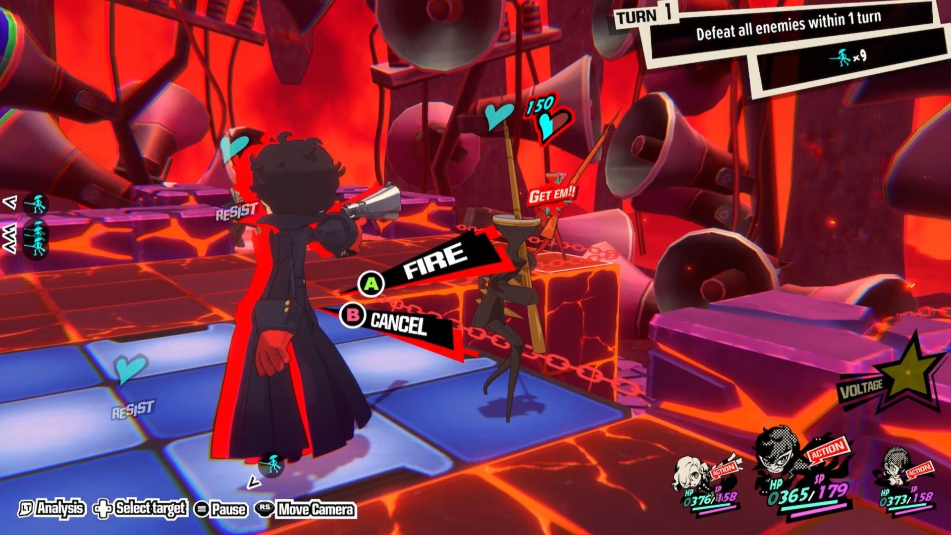 Joker points his gun at an enemy toward the south end of the arena during Quest 16 in Persona 5 Tactica.