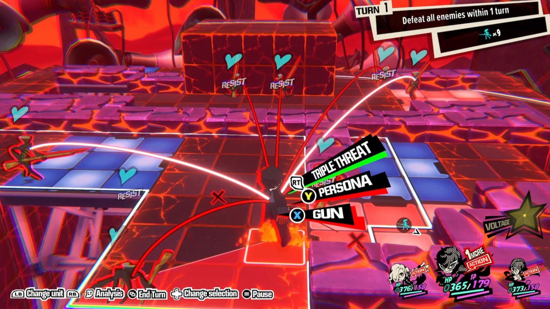 Joker makes his way through the level and finds a spot to shoot an enemy during Quest 12 in Persona 5 Tactica.