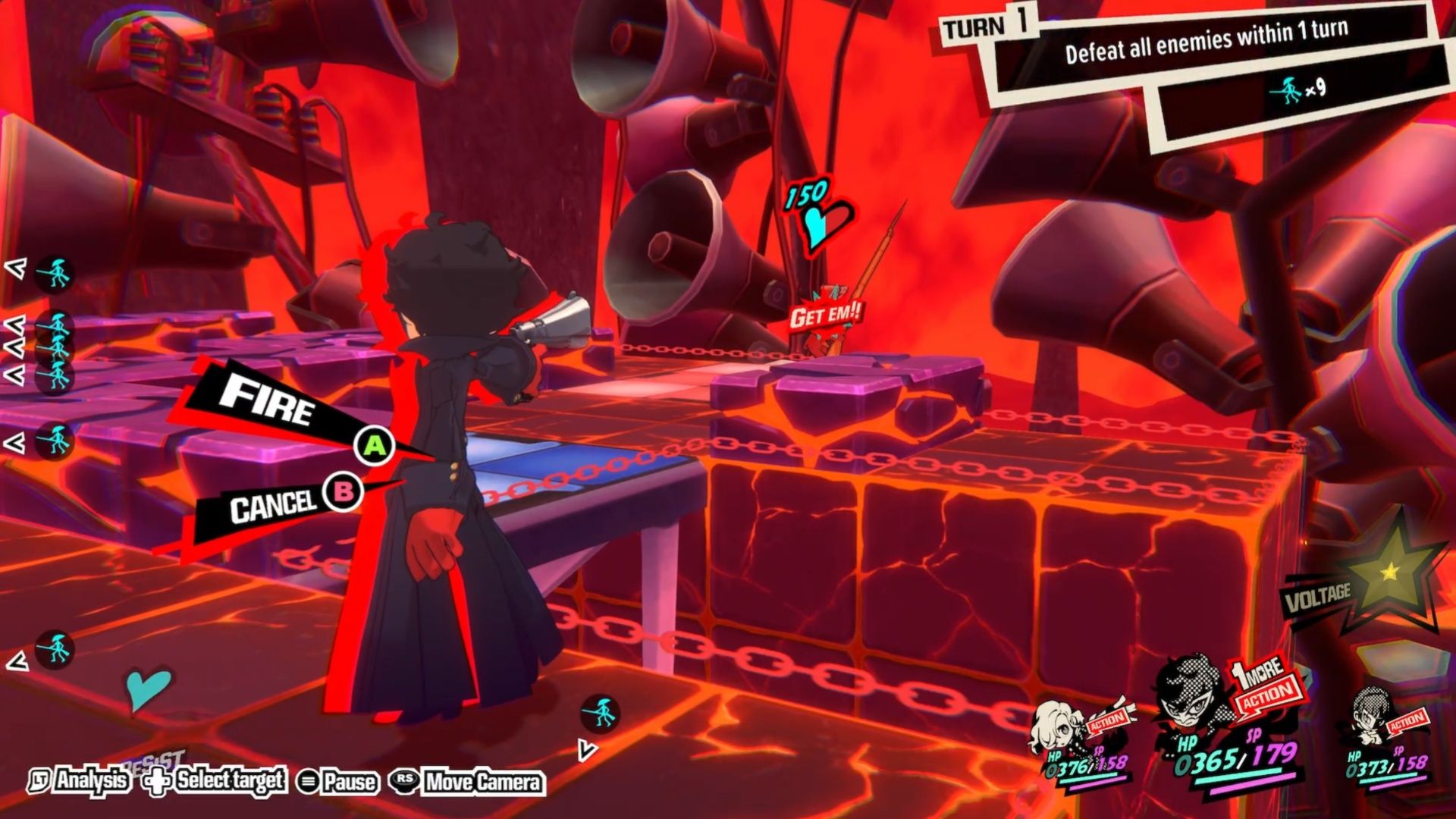 Joker holds up his gun to shoot an enemy during Quest 12 in Persona 5 Tactica.