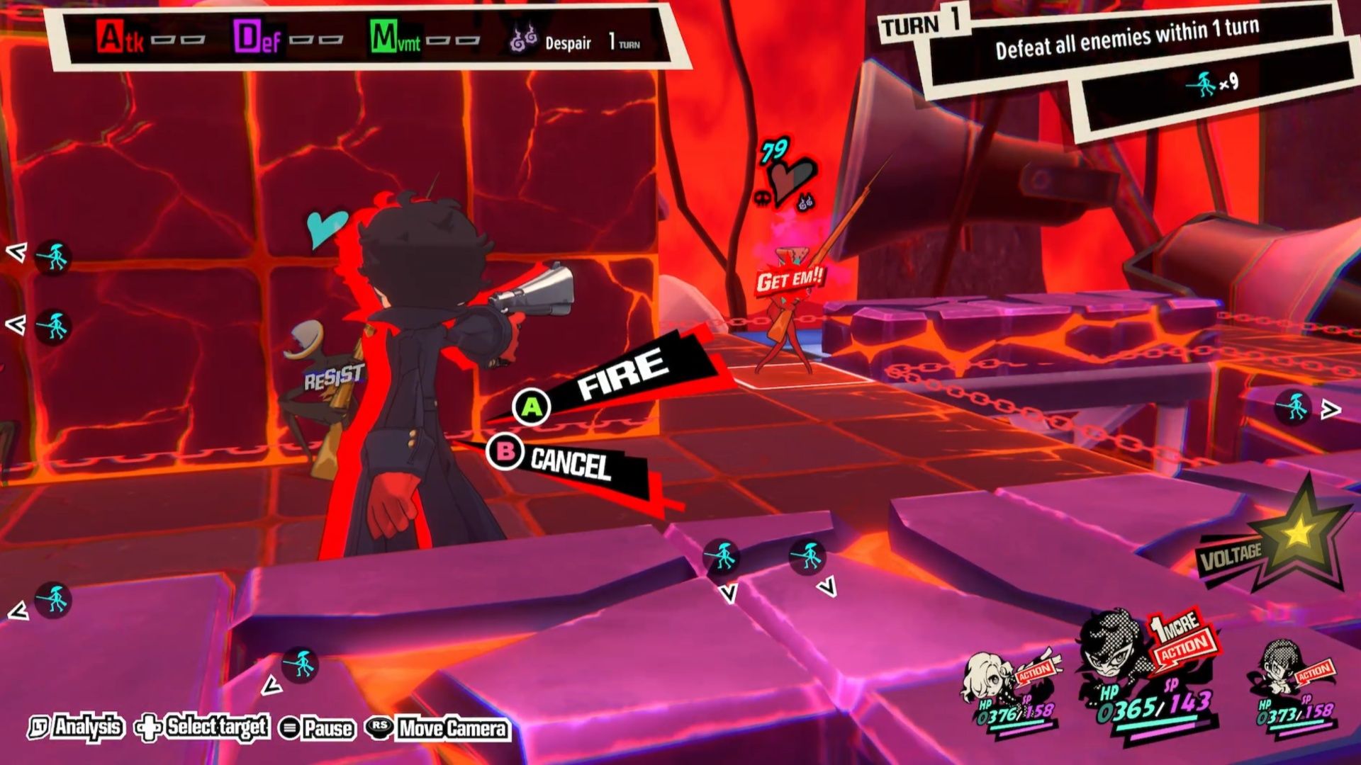 Joker shoots a foe to get a One More during Quest 12 in Persona 5 Tactica.