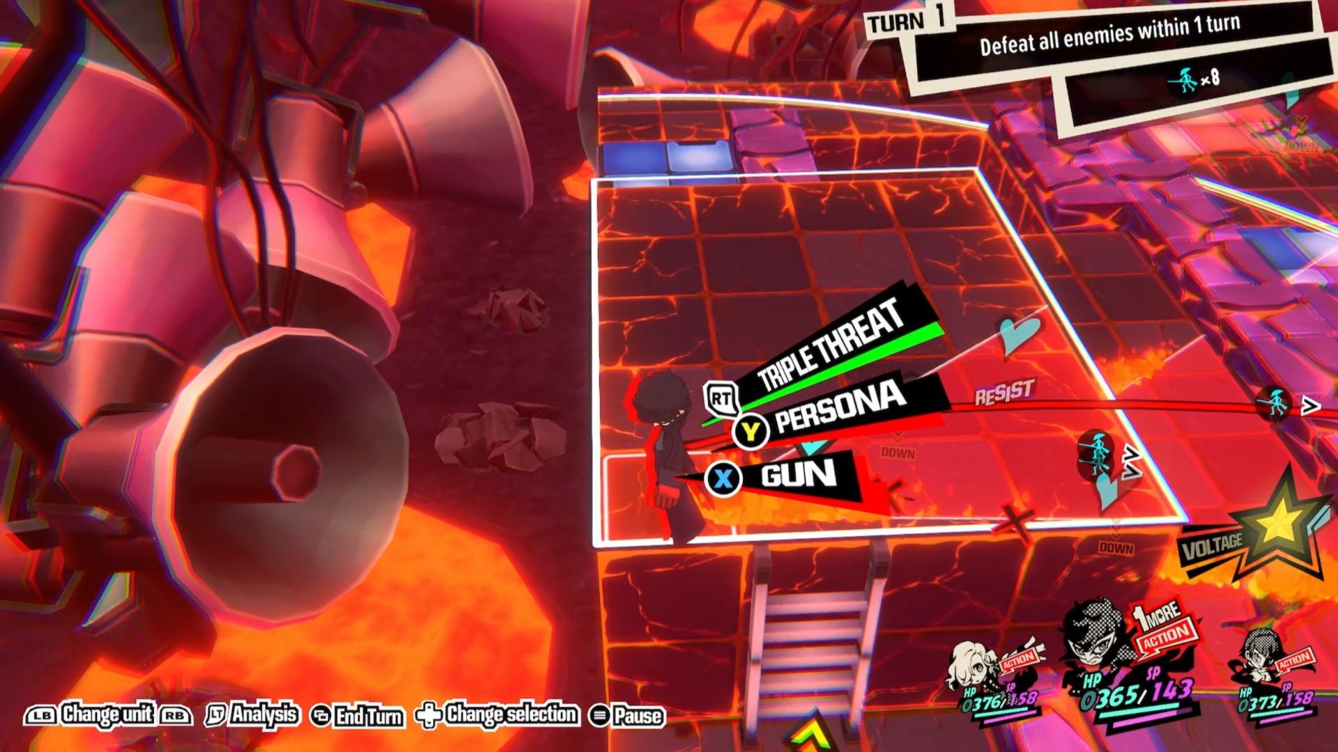 Joker stands in a spot to prepare for a Triple Threat during Quest 12 in Persona 5 Tactica.
