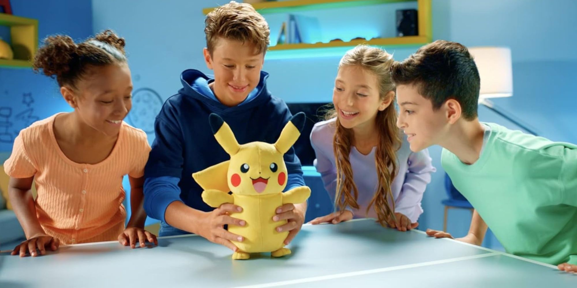 kids playing with a pikachu plush